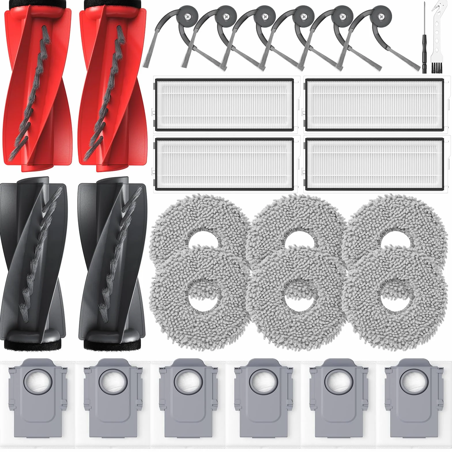26 sztuk akcesoriów do Roborock Qrevo Curv/Qrevo Curv S5X / Qrevo/Qrevo Edge S5V robot odkurzający, 2 główne szczotki, 6 worków do kurzu, 6 podkładek do wycierania, 4 filtry, 6 szczotek bocznych, 1