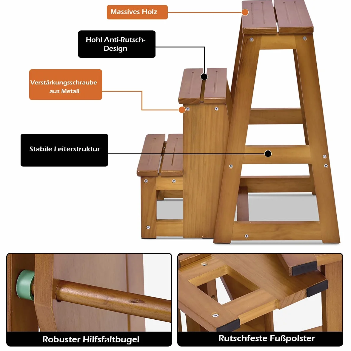 COSTWAY Drabinka taboret 3 stopnie składane krzesło 150 kg 66 cm drabina z litego drewna