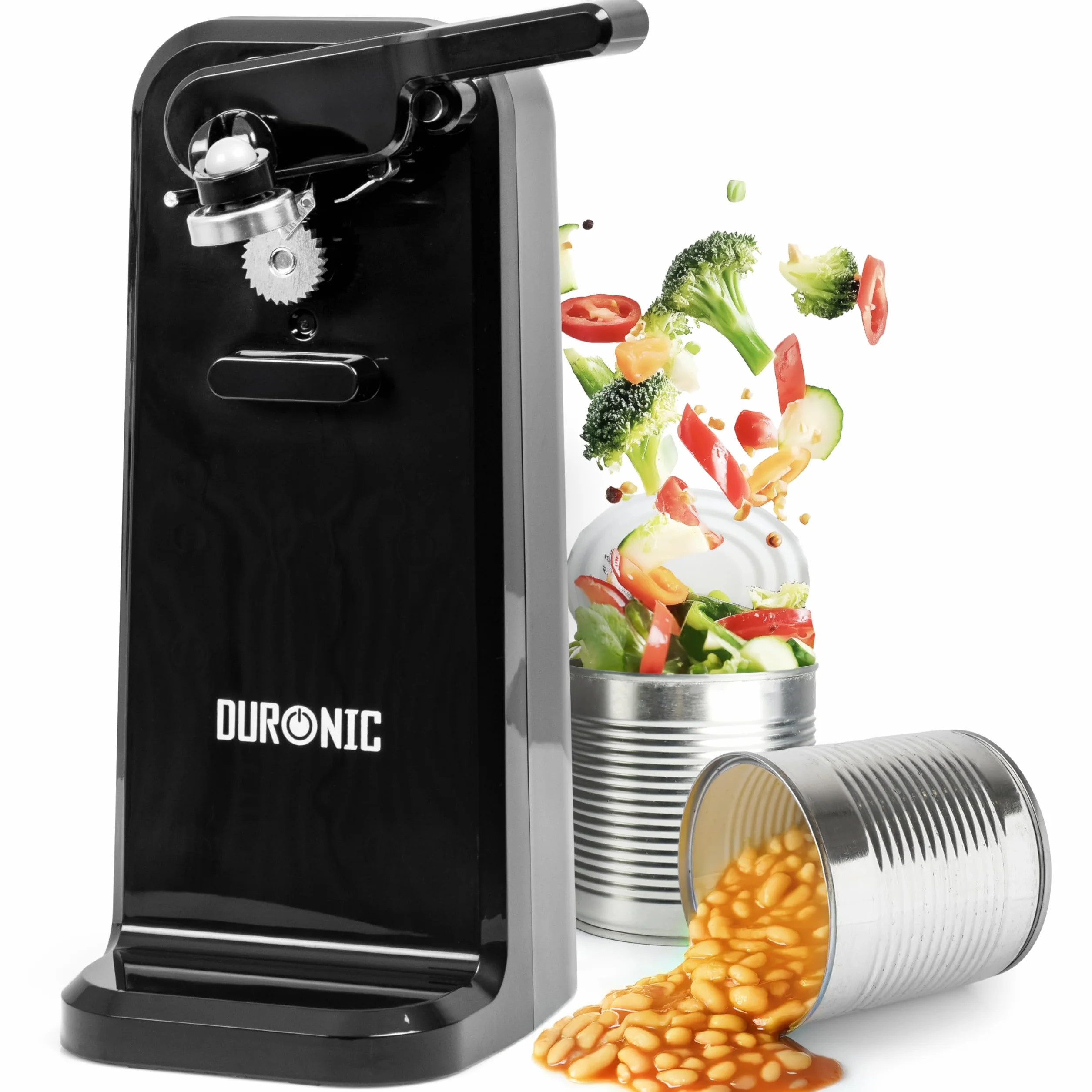 Duronic CO40 BK Elektryczny otwieracz do butelek puszek konserw ostrzałka do noży kuchennych. Automatyczny otwierieracz 3w1 z magnesem 50W