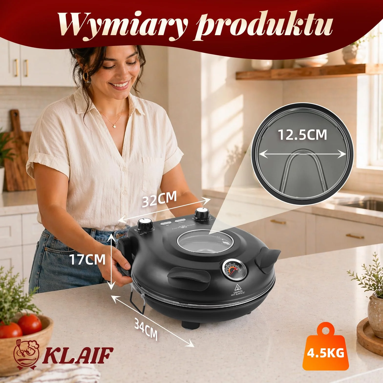 KLAIF Piec elektryczny do pizzy do blatu roboczego z kamieniem ceramicznym 31 cm, dwiema regulowanymi regulatorami temperatury, w zestawie 4 narzędzia do pizzy, LMC-czarny