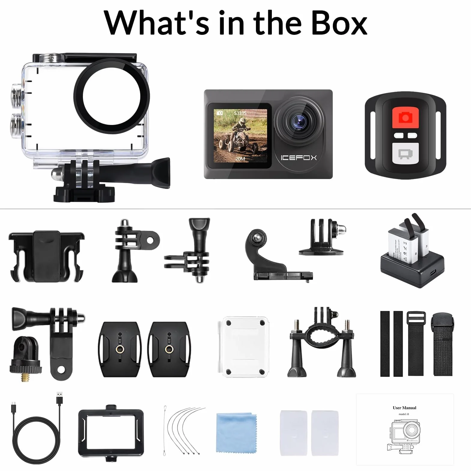 icefox Kamera podwodna 4K 20 MP, aplikacja Snappro z pilotem, edycja wideo, EIS, wodoodporność 40 M, Ultra HD, szeroki kąt 170°, kamera WiFi
