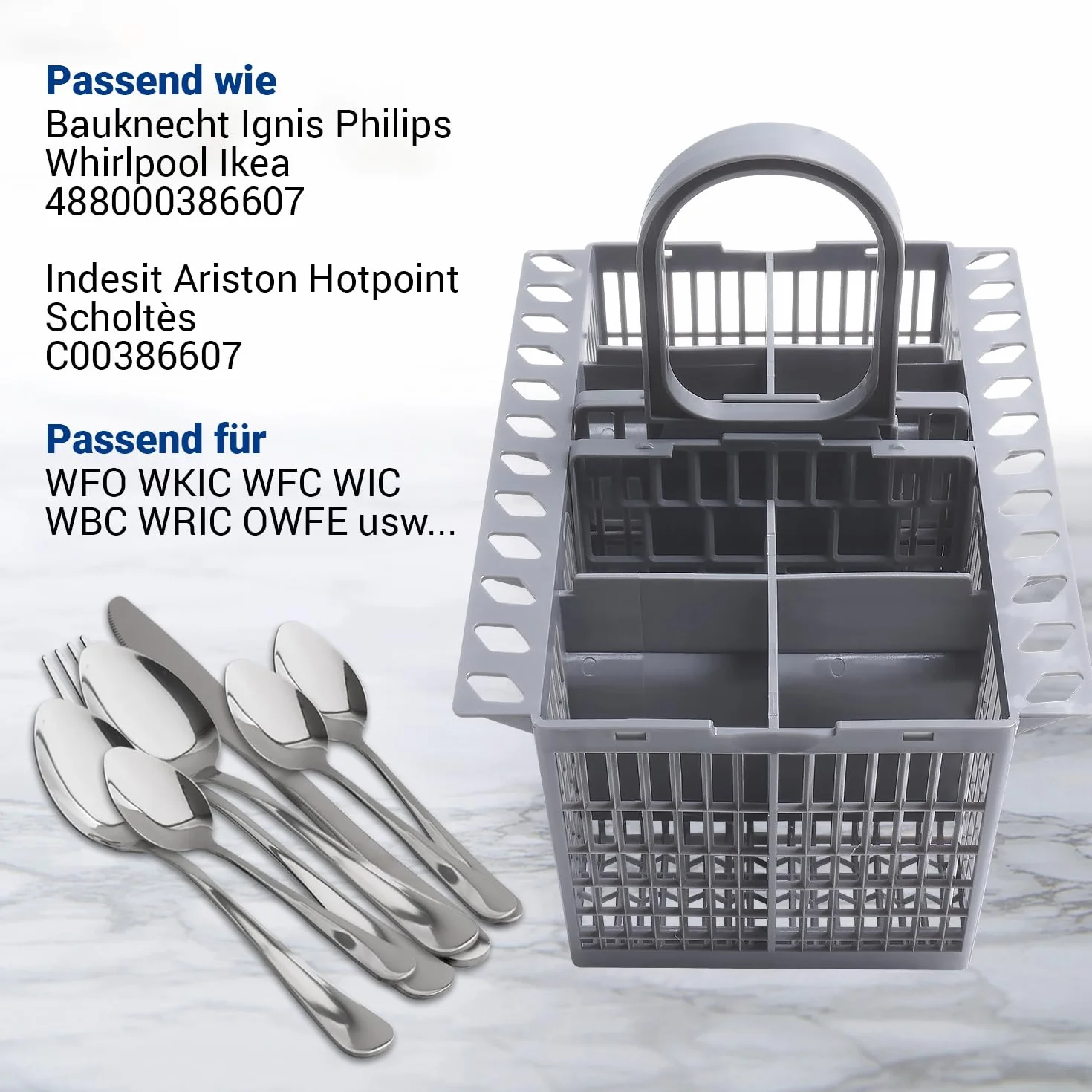 VIOKS Kosz na sztućce do zmywarki 3-częściowy zamiennik do Whirlpool Bаuknecht 488000386607 Indesit Hotpoint C00386607 kosz na sztućce do zmywarki - pojemnik na sztućce do dolnego kosza i koszy do