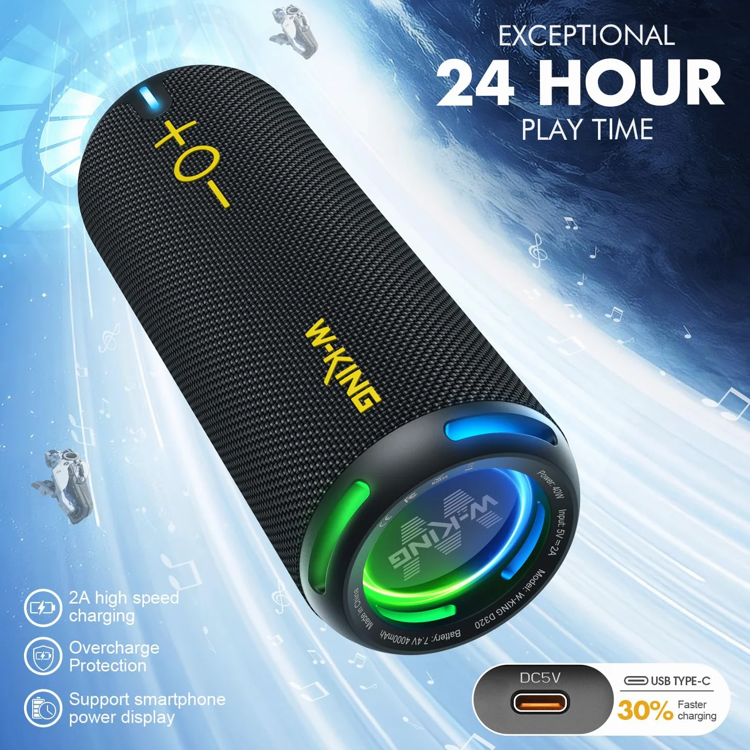 W-KING Głośnik Bluetooth, IP67, głośnik, Bluetooth, do użytku na zewnątrz, EQ-APP, 40 W HD 360° Surround Sound / Light/Deep Bass/V5.3/DSP/24H/TF/AUX, do prysznica, na kemping, D320, czarny