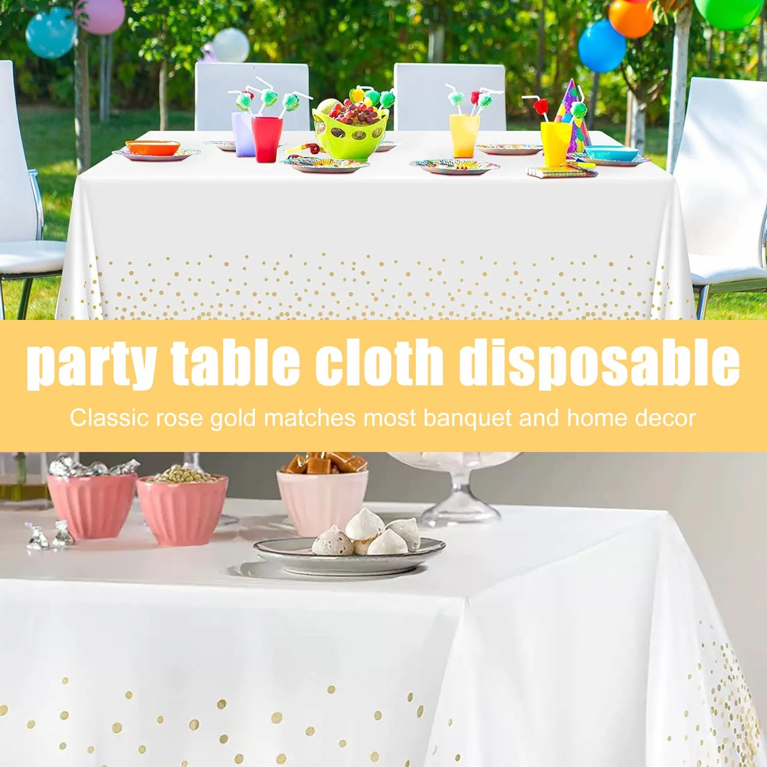 4-pak plastikowych jednorazowych obrusów, 137 x 274 cm, biały i złoty obrus imprezowy w kropki, na ślub, piknik, urodziny, baby shower, zaręczyny, artykuły świąteczne