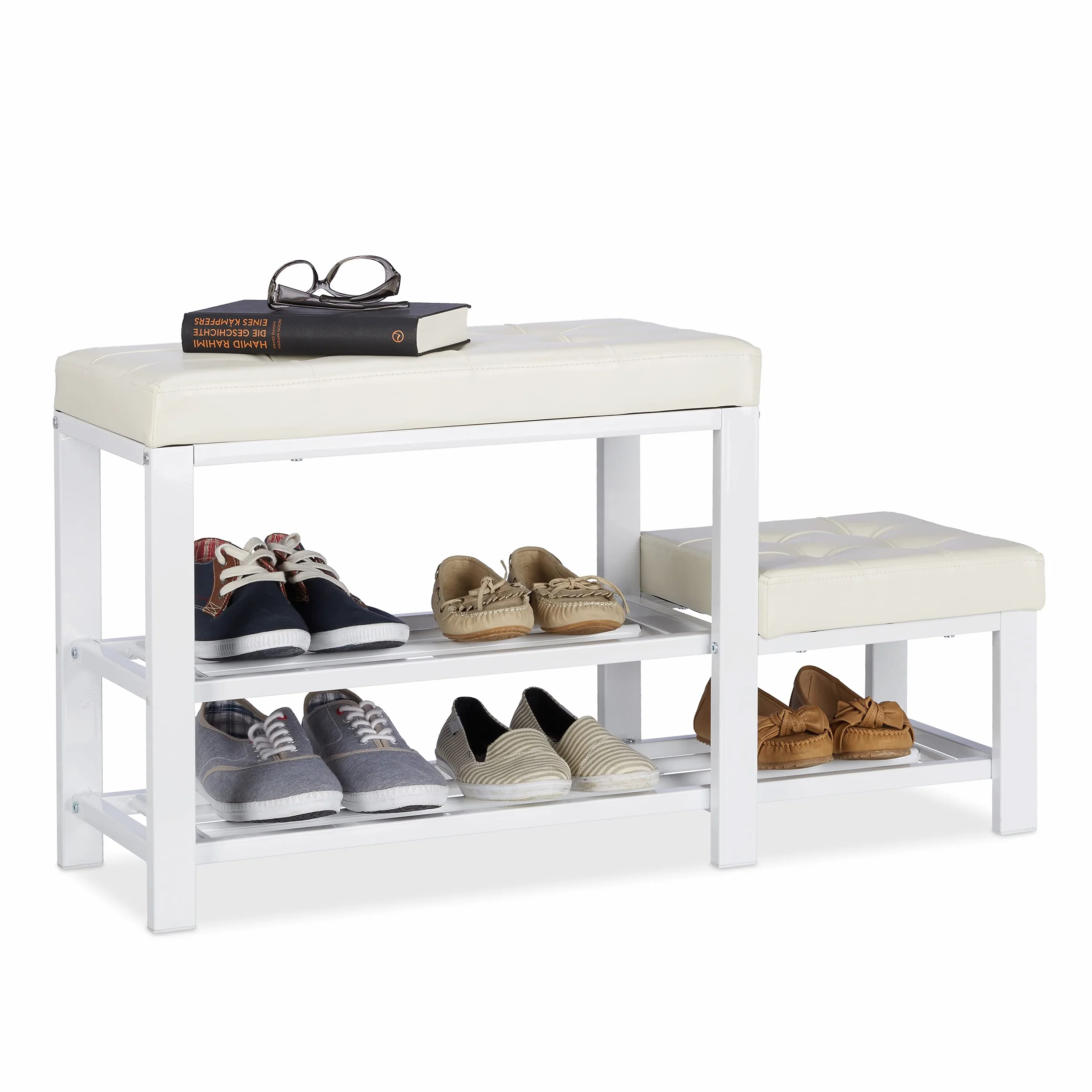 Relaxdays Biała szafka na buty z taboretem siedzisko półka 2 poziomy 50 x 90,5 x 30,5 cm