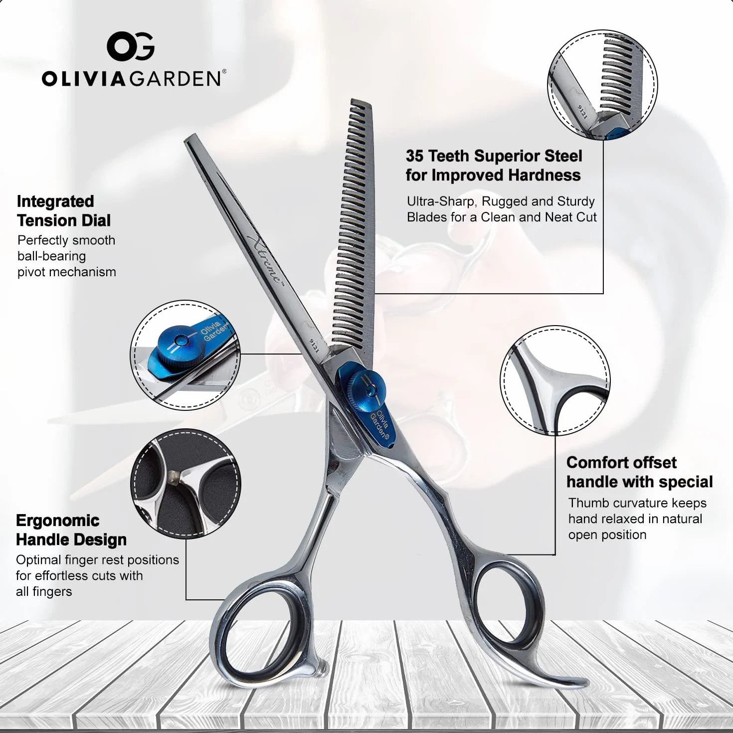 Olivia Garden Xtreme 6.0" 35 zębów Degażówki Europejskie - Nożyczki dla Praworęcznych - Ergonomiczny Uchwyt, Regulowane Napięcie, Idealne do Przerzedzania i Teksturowania