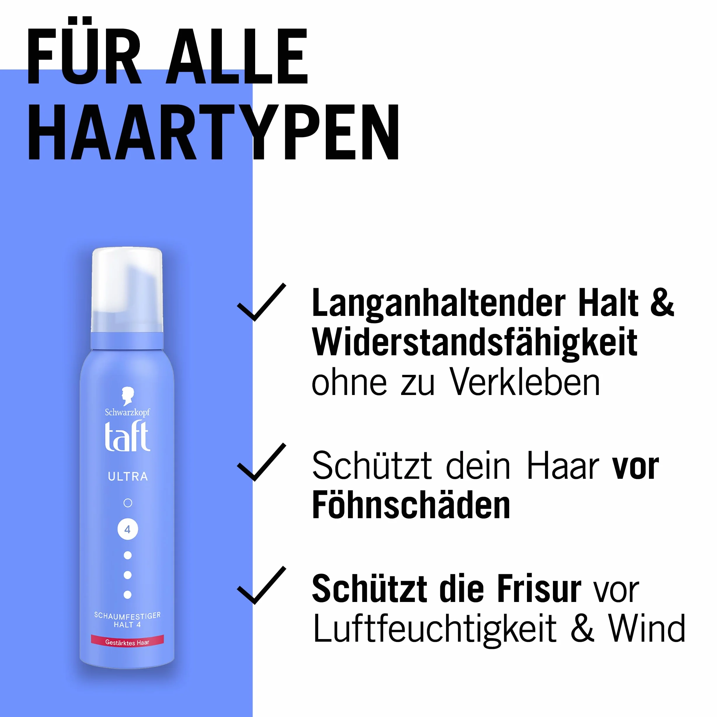 Schwarzkopf TAFT pianka do włosów Ultra (150 ml), stopień utrzymania 4, pianka do włosów do wszystkich rodzajów włosów, wzmacnia włosy, wegańska formuła*