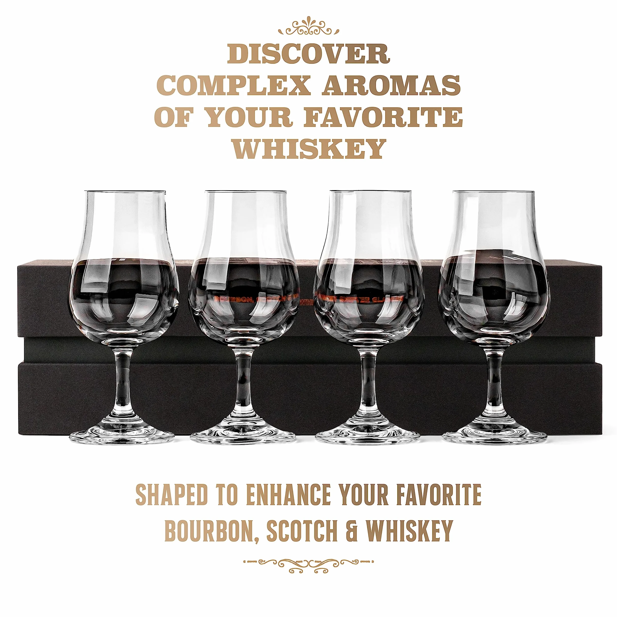 Whiskey Tasting Glasses Set of 4 Crystal Snifters Professional 4 oz Tulip Shaped Nosing Copitas