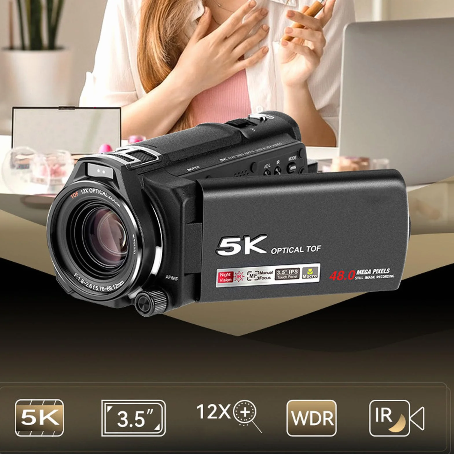 Kamera Wideo 5K, 12X Optica, Inteligentny Zoom 40X, Kamera do Vlogowania, 48 MP, 30 Kl./s z automatyczną regulacją Ostrości i 3,5-calowym Mikrofonem IPS z Ekranem Dotykowym do