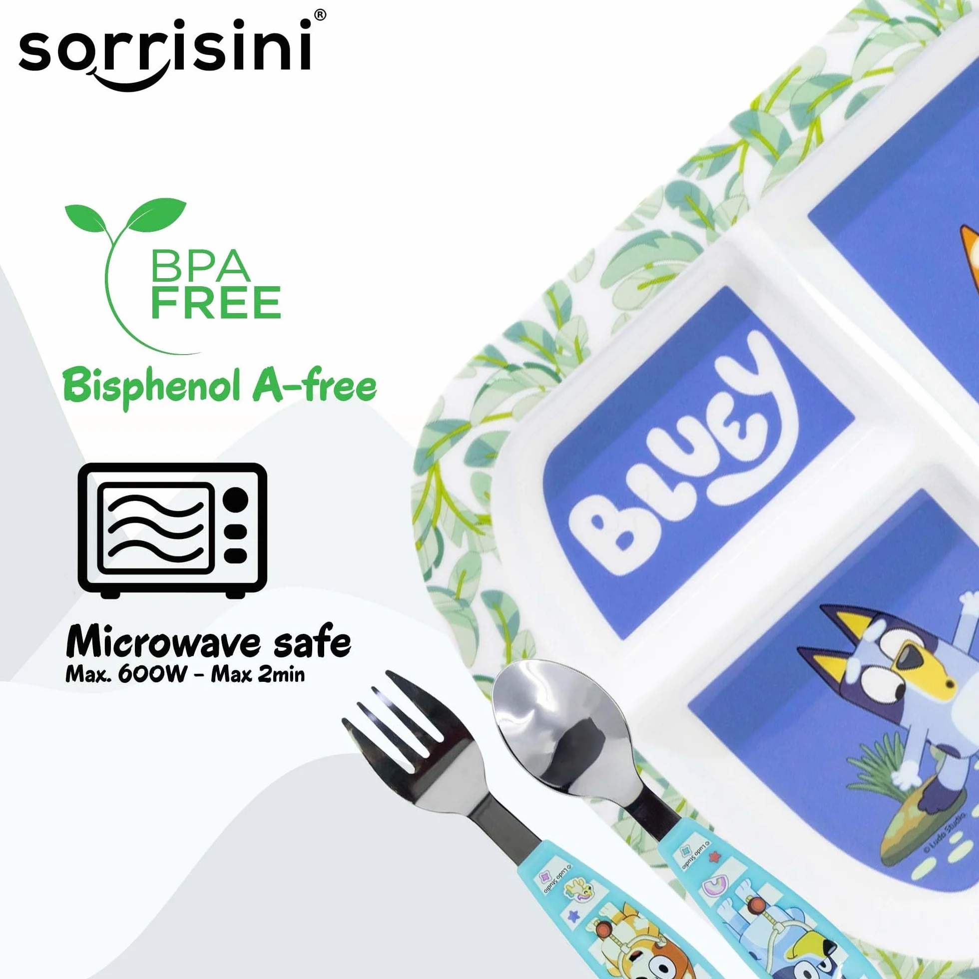 Zestaw naczyń dla dzieci, 3-częściowy zestaw sztućców z dzielonym talerzem, sztućce ze stali nierdzewnej, plastikowe naczynia do kuchenki mikrofalowej na dodatkowe jedzenie, Bluey Design