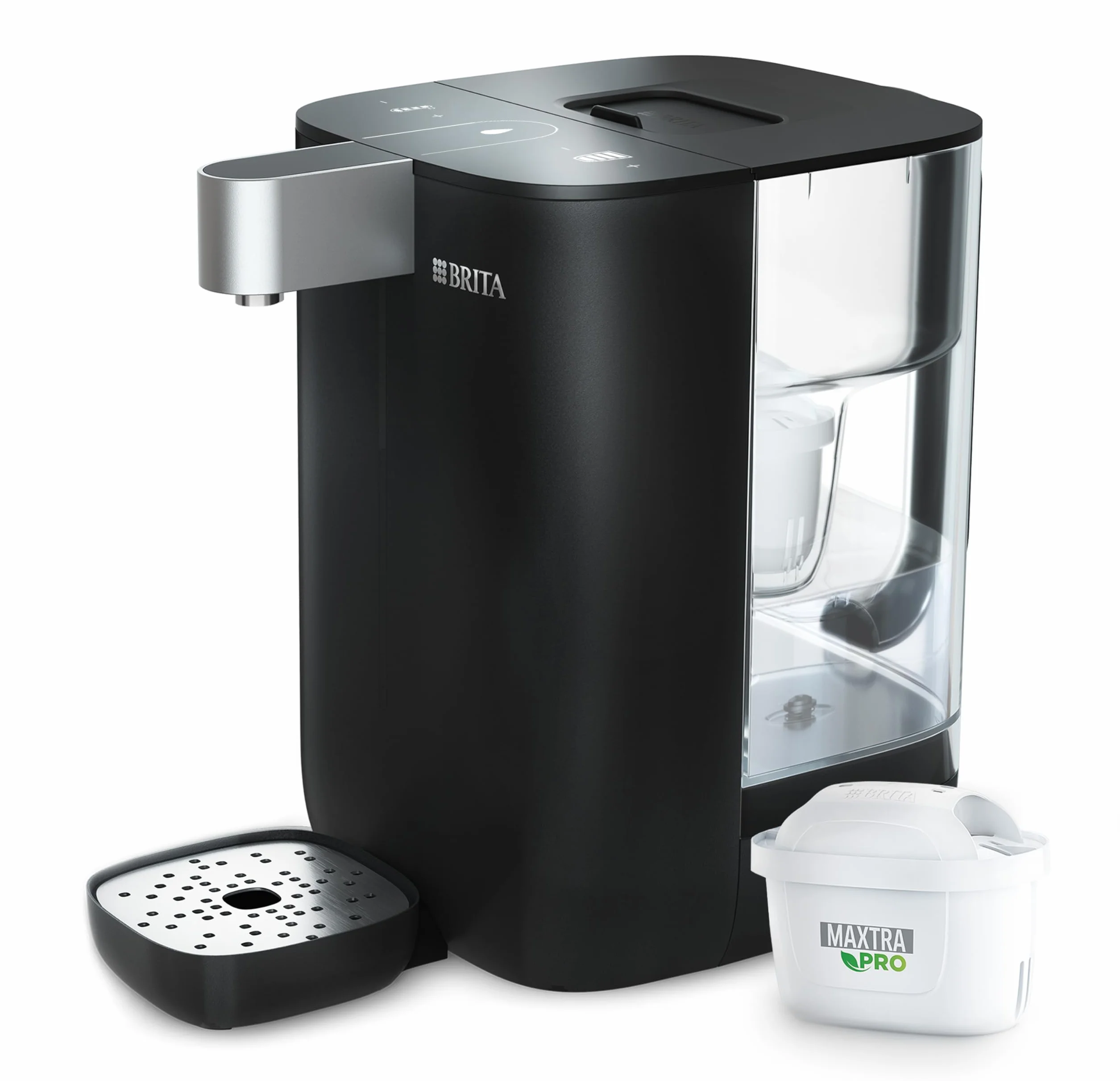 BRITA Cube Fitlrée Dozownik wody (4,0 l), różne temperatury i rozmiary wstępnie zarejestrowanych pojemników, technologia UV-C i filtr wody MAXTRA PRO Expert Anti-Scale w zestawie