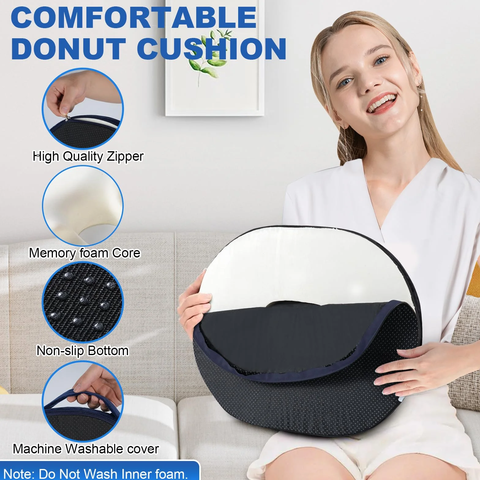 Poduszka do Siedzenia z Pianki Memory Foam Ergonomiczna Pączek Antypoślizg Poszewka Zdejmowana