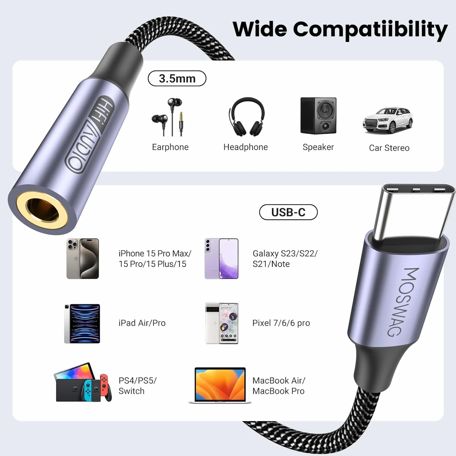 MOSWAG Adapter gniazda słuchawkowego USB typu C na 3,5 mm, adapter audio USB C do Aux Dongle kabel do iPhone'a 15 Plus/15 Pro Max, Samsung Galaxy S23, S22, Ultra, S20+, Note 20, 10, Pixel 7, 6, 5, 4 i