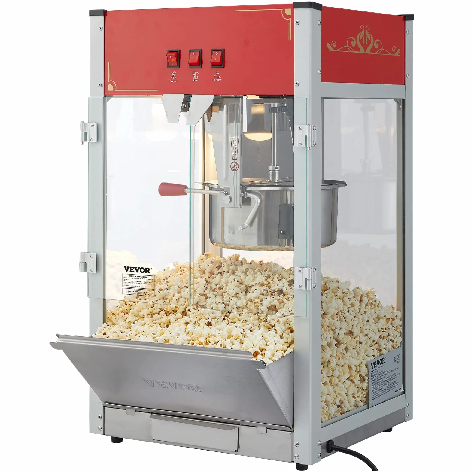 VEVOR Maszyna do popcornu – maszyna do popcornu 1440 W, z kociołkiem o pojemności 12 oz, na maks. 80 filiżanek na ładowanie, z hartowanego szkła i 3 łopatkami ze stali nierdzewnej