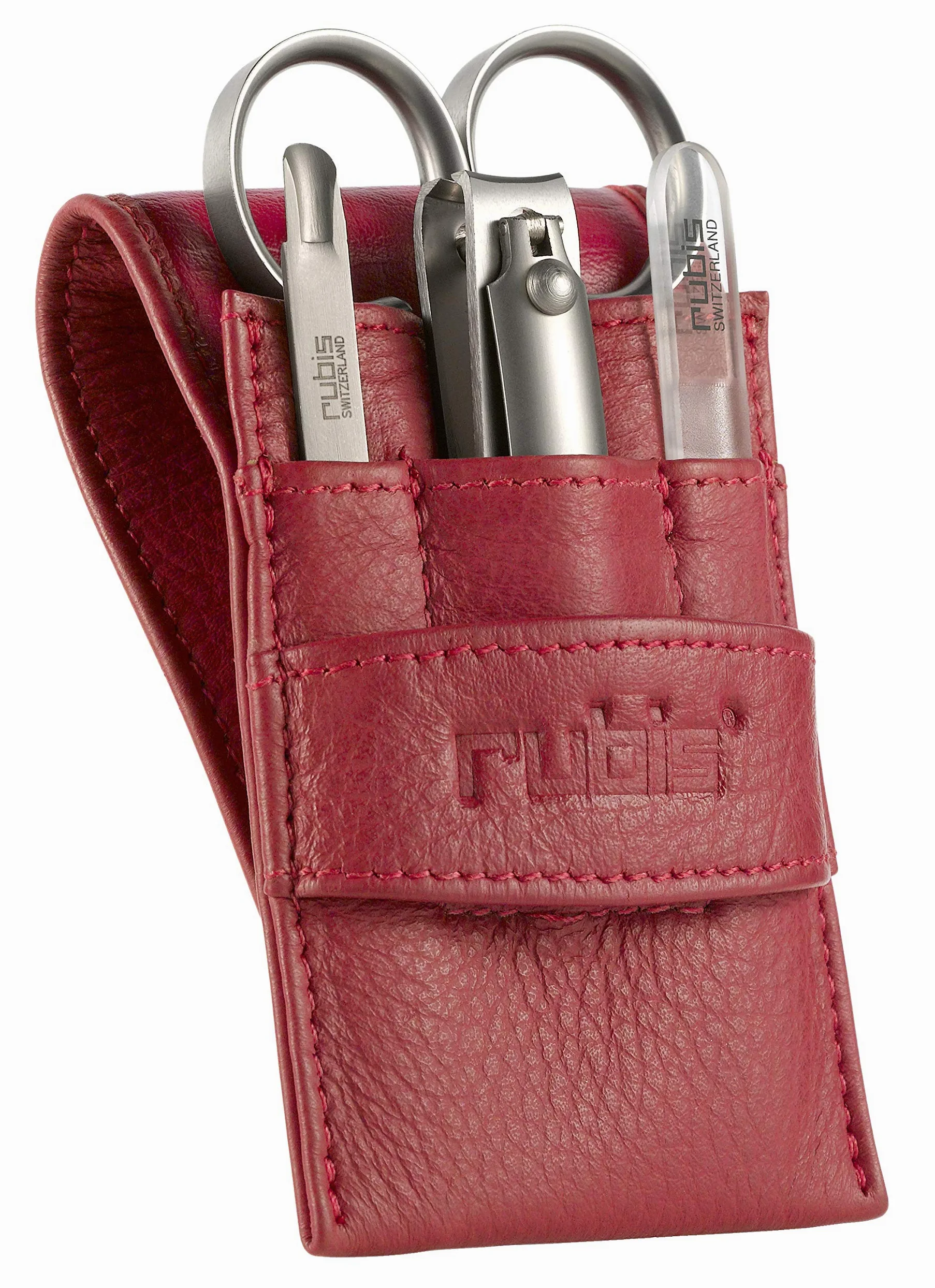 Rubis Zestaw do manicure – podróżny zestaw do pielęgnacji paznokci ze skórzanym etui (czerwony) – nożyczki do skórek, obcinacz do paznokci, środek do czyszczenia paznokci / popychacz do skórek