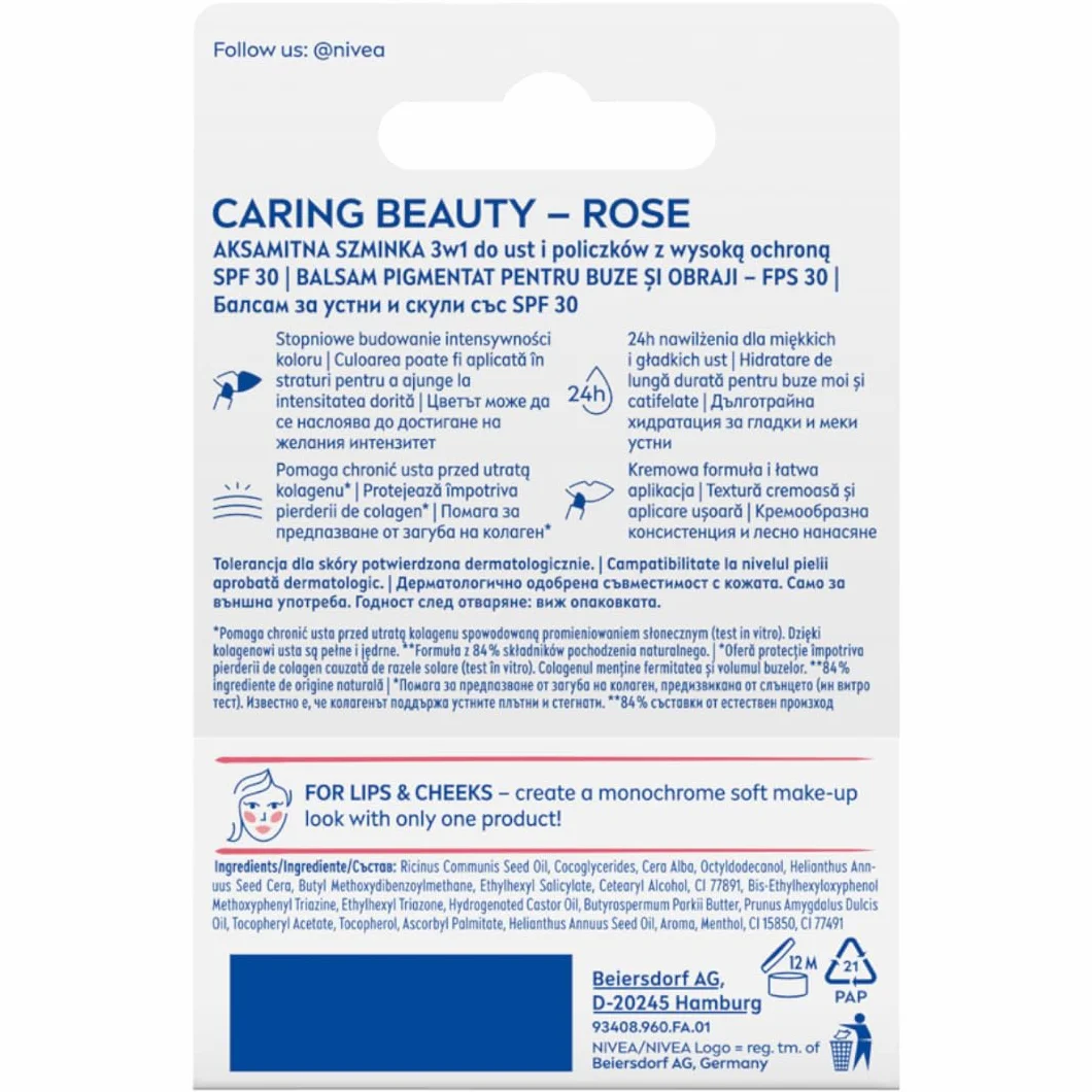 NIVEA Pielęgnująca pomadka do ust Caring Beauty 3w1 Rose 4,8 g