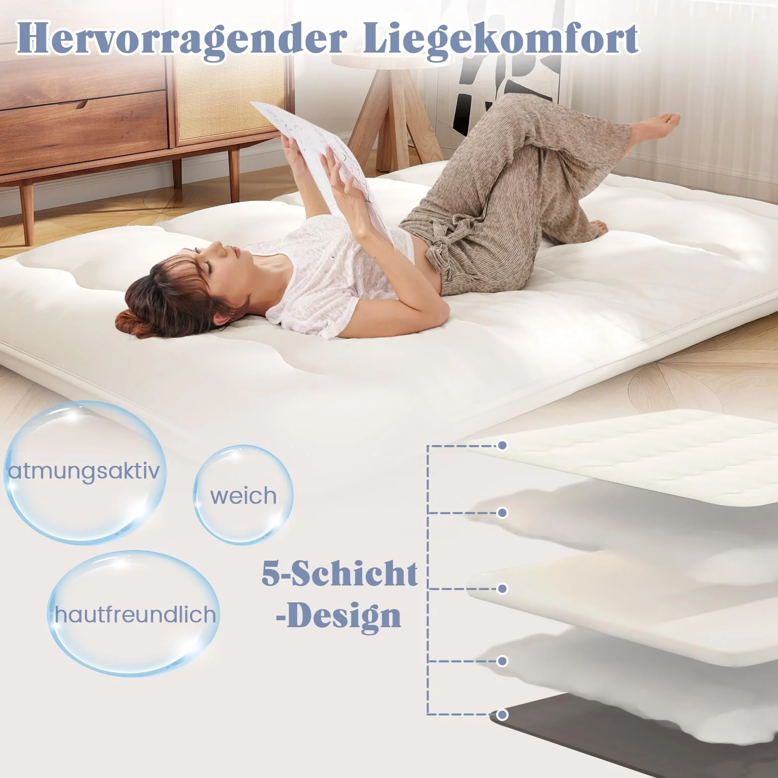 GOPLUS Materac podłogowy tatami futon z pokrowcem do prania, materac tatami z torbą do przenoszenia, materac kempingowy, wyściełany materac do sypialni, salonu i na kemping (beżowy, 200 x 140 cm)