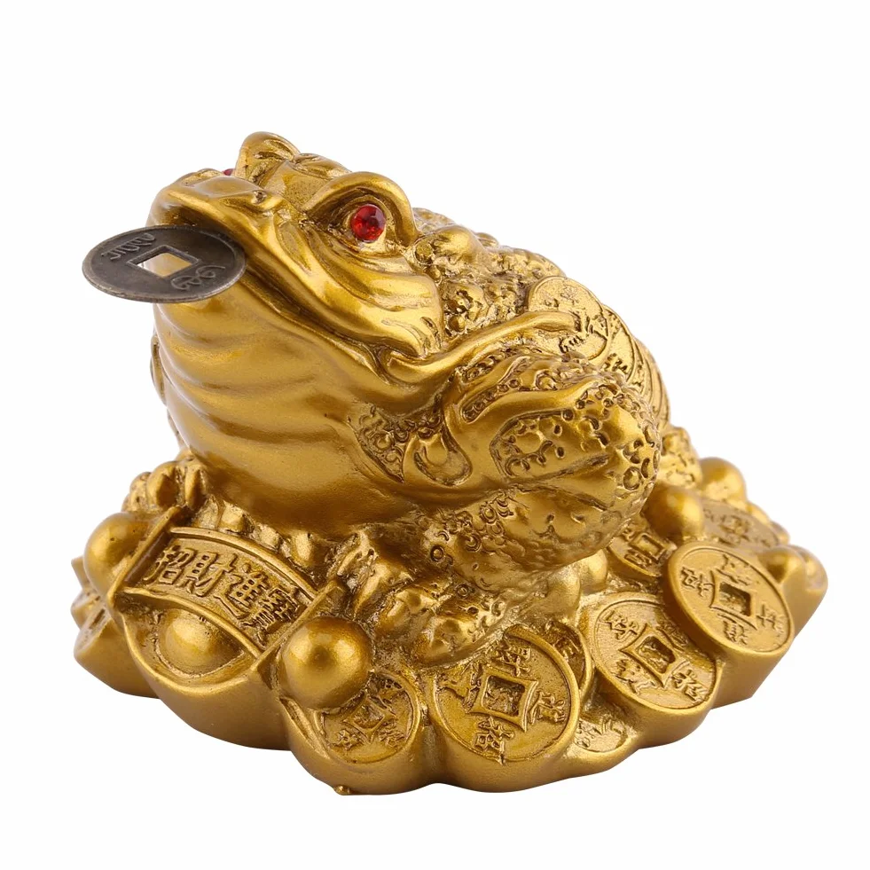 Złota chińska żaba Feng Shui statuetka z monetą mosiądz 65 × 60 × 50 mm
