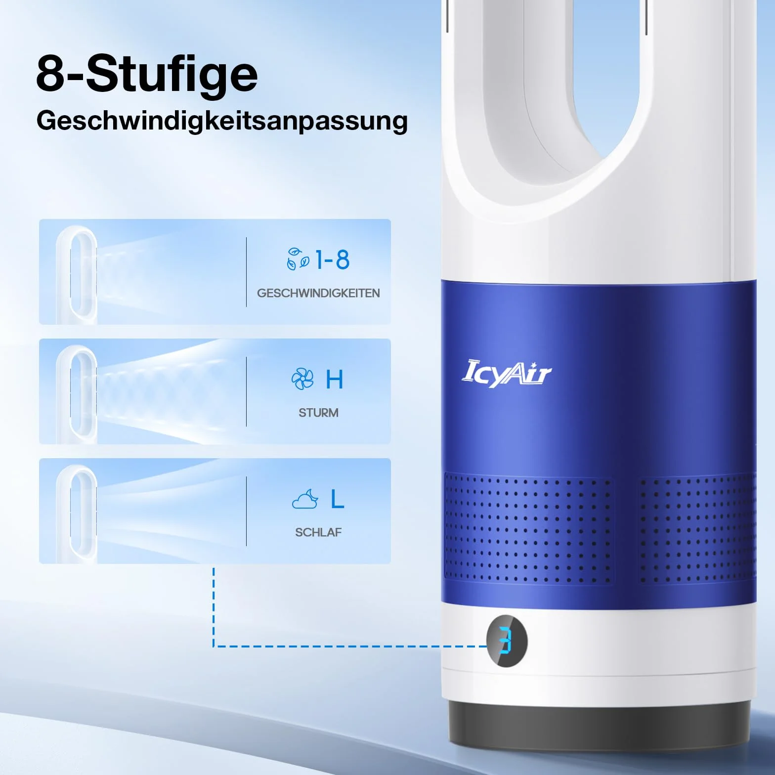 IcyAir 55 cm Bezłopatkowy wentylator wieżowy, bezłopatkowy wentylator 35 dB, oscylacja 90°, 8 prędkości, 9h timer, wyświetlacz LED, przenośne wentylatory wieżowe do domu i biura