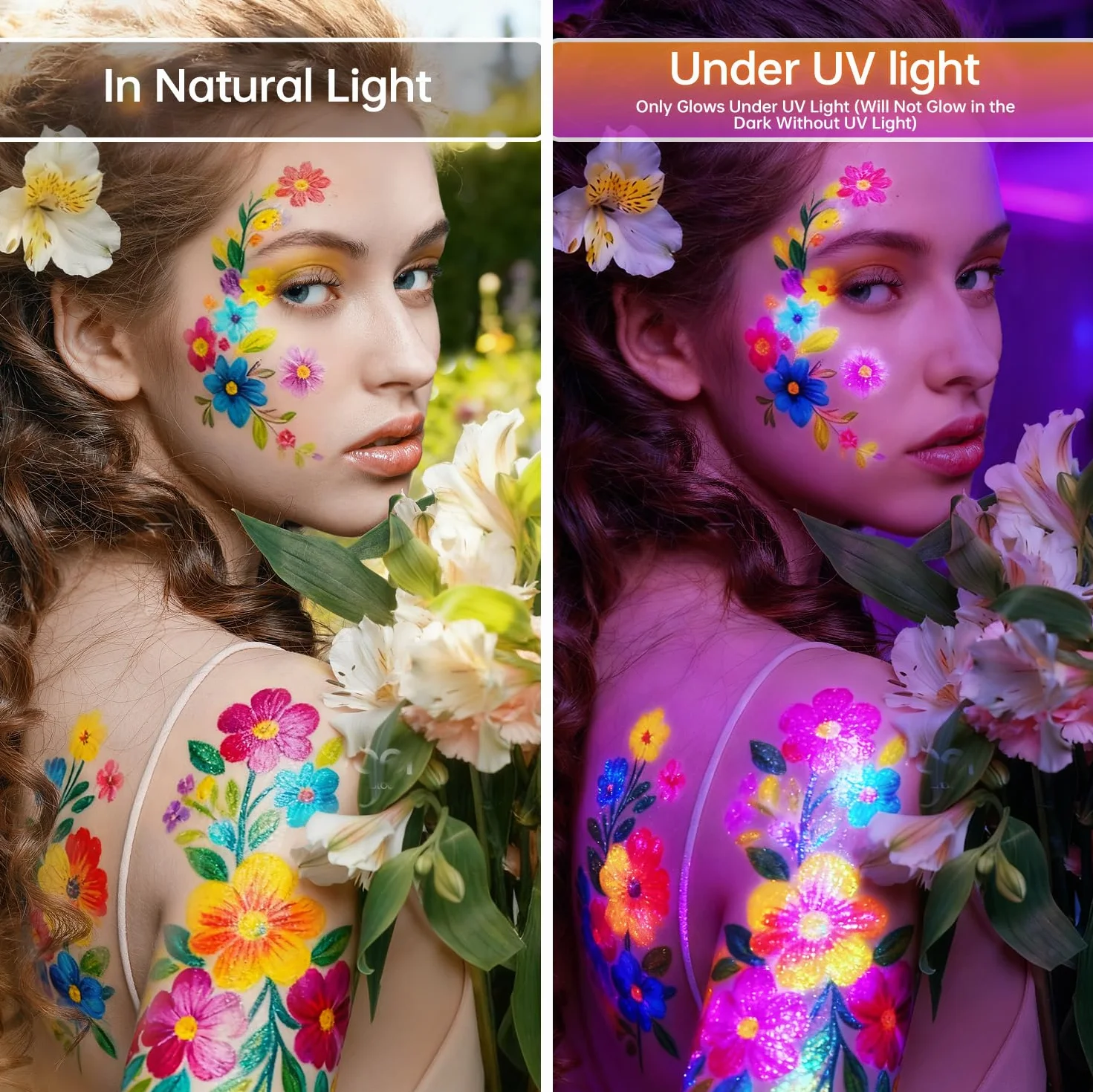 MOWETOO 10 kolorowych farb do makijażu w kolorze czarnym, fluorescencyjne farby do tatuażu, świecące w ciemności, farby do malowania ciała, pisaki UV na neonowe przyjęcie, czarne światło, dekoracja
