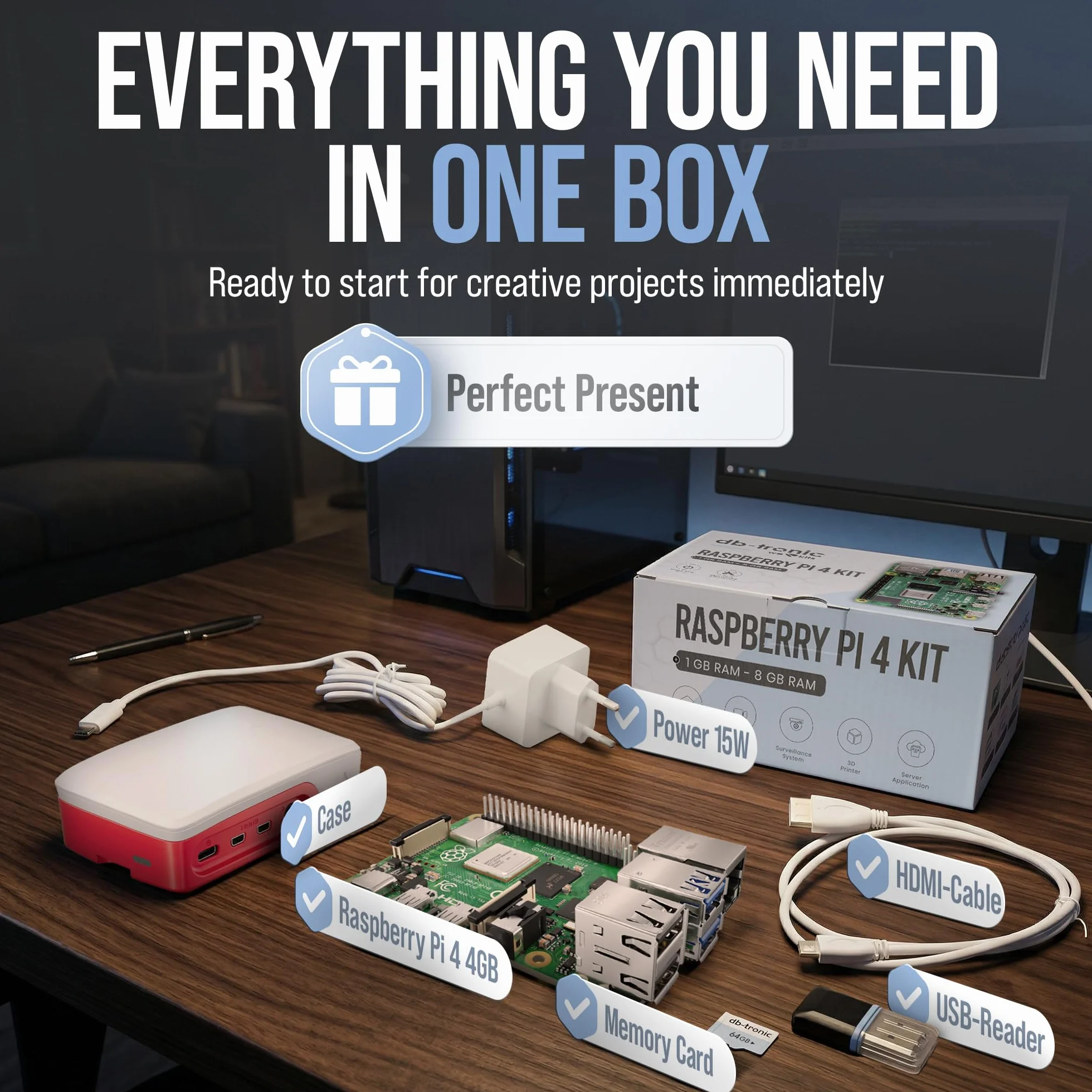 db-tronic Raspberry Pi 4 4 GB Starter Kit | Edycja 64 GB | Zasilacz 15 W | Obudowa | Micro HDMI 4K | Radiatory | idealny do Home Assistant i smart home