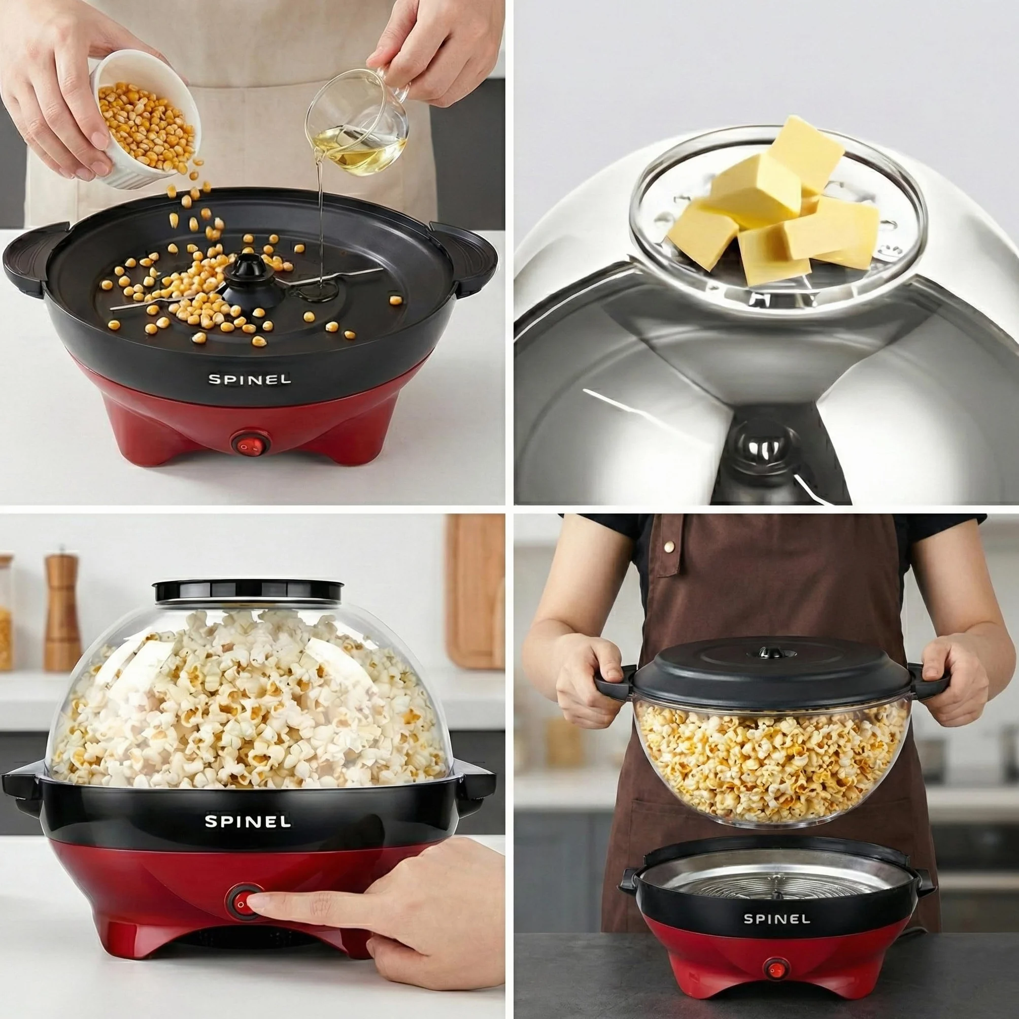 SPINEL Maszyna Do Robienia Popcornu, Urzędzenie do Popcornu z Cukrem, Olejem, Masłem o pojemności 5,5 l, Powłoka Nieprzywierająca, Zdejmowana Płyta, Cicha i Szybka