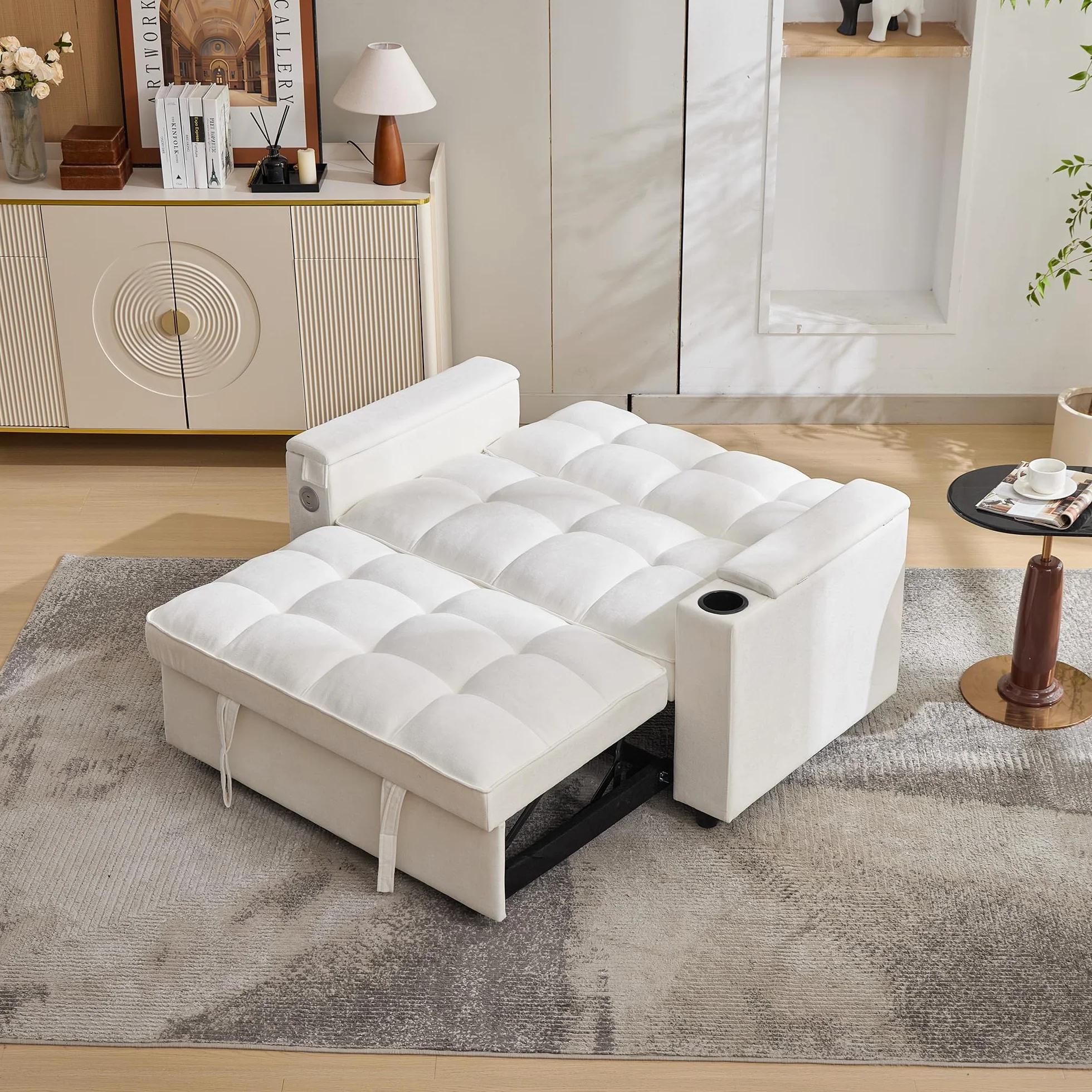 Sofa 2-osobowa z funkcją spania 140,5 x 74 x 82 cm rozkładana 3 w 1 regulowanym oparciem USB ukryty stół beżowa