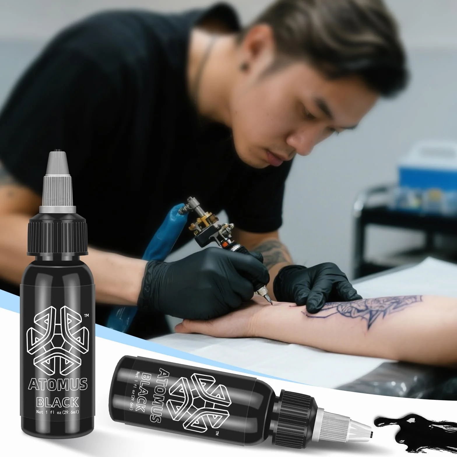 ATOMUS Czarny Tusz do Tatuażu 30ml - Naturalny Pigment Roślinny do Makijażu Permanentnego z 10 Kubeczkami S M L XL