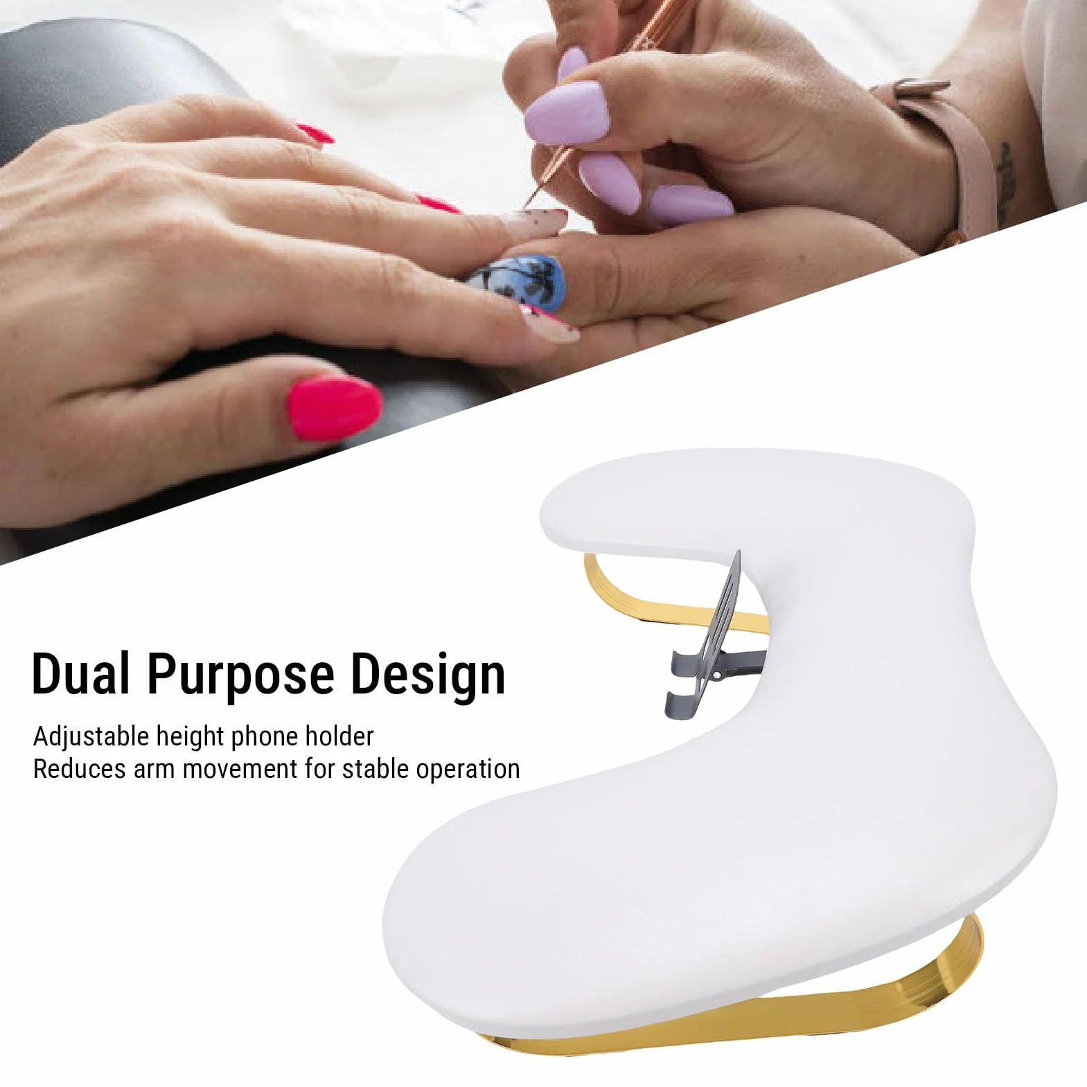 Goshyda Podłokietnik do Manicure w Kształcie Litery U do Paznokci Tech, Ergonomiczny Podłokietnik Paznokci z Regulowanym Uchwytem na Telefon (WHITE)