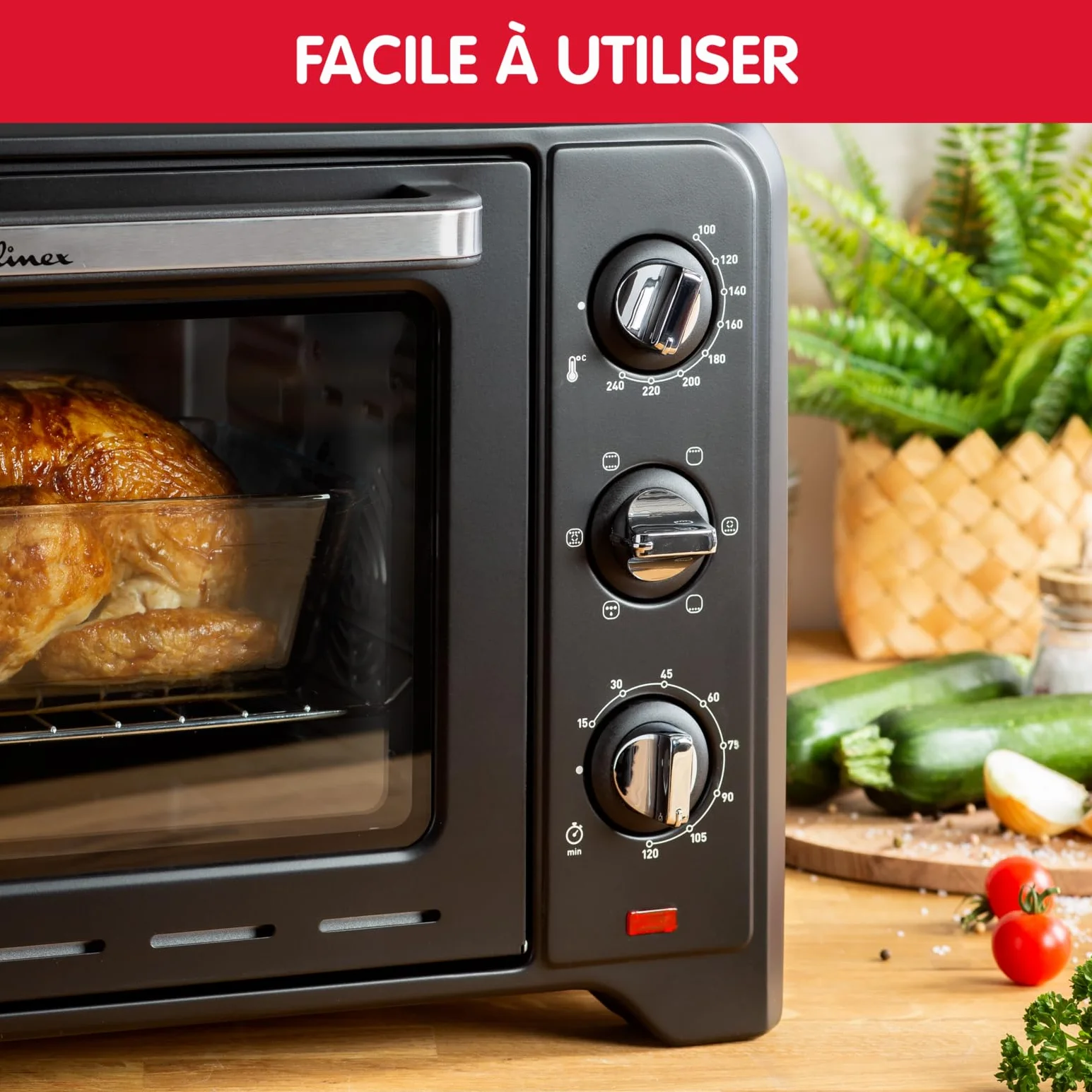 Moulinex Piekarnik 33 l, ogrzewanie obrotowe, zaawansowana konwekcja, 6 trybów gotowania, termostat regulowany do 240°C, timer 120 min, kratka odwracalna, uchwyty silikonowe, Optimo Black OX464811