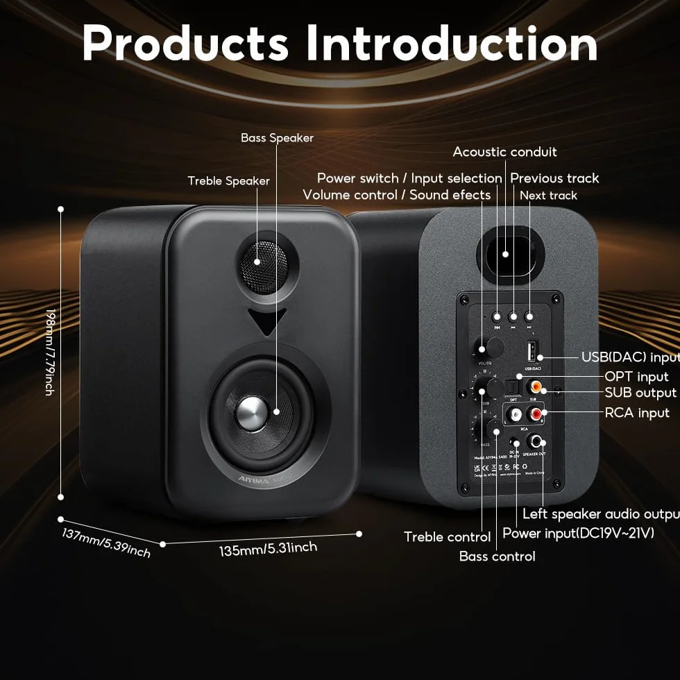 AIYIMA S400 Ulepszony aktywny głośnik regałowy 2.1, 3" (7,6 cm) 80 W HiFi Stereo aktywne głośniki, Bluetooth 5.3, optyczny, USB, RCA, sub-out, głośnik Bluetooth do komputera i kina domowego