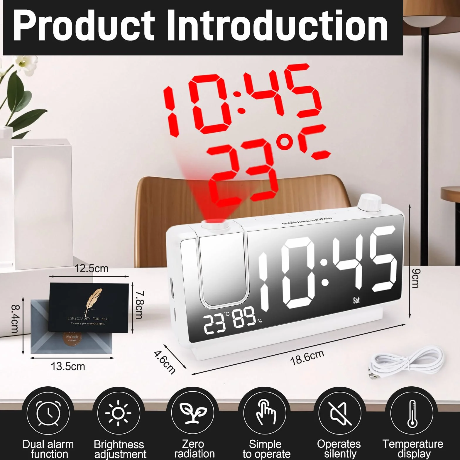 Budzik Cyfrowy z Projekcją LED 3 Poziomy Jasności USB 180° Temperatura Wilgotność 12/24H Biały
