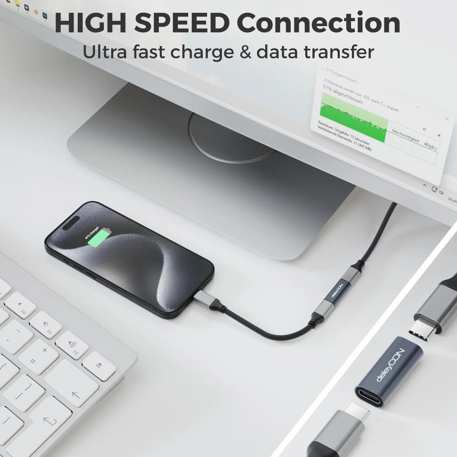 deleyCON Złączka USB-C 40 Gbps, 240 W, 8K60Hz, USB 4.0 - Aluminiowa Obudowa - Gniazdo do Gniazda - Przedłużenie Kabla USB-C, do ładowania i Danych, Smartfon, Tablet, MacBook, Notebook, PS5 itp.