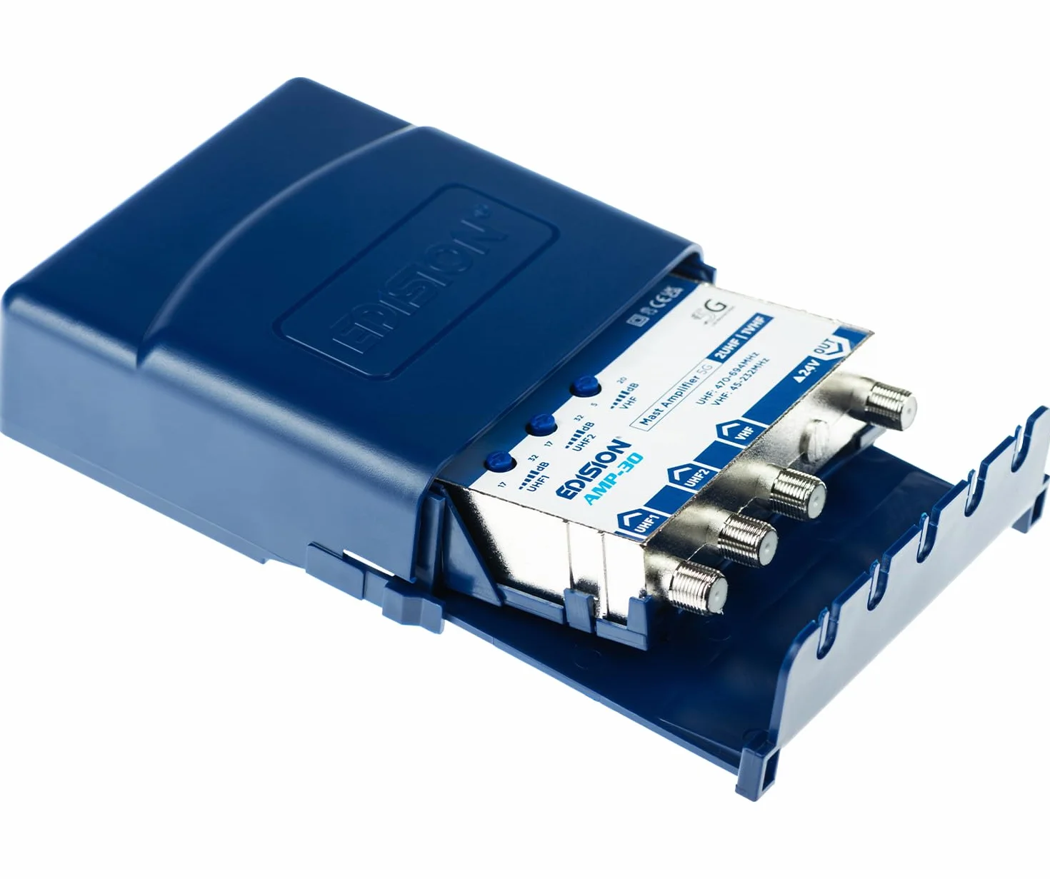 EDISION AMP-30 Wzmacniacz antenowy 2UHF, 1VHF/FM, 17-32 dB regulowany, 107 dBmV, 24 V, do cyfrowej naziemnej DVB-T/T2, z filtrem 5G LTE, częstotliwości UHF 470-694 MHz, VHF/FM 45-232 MHz