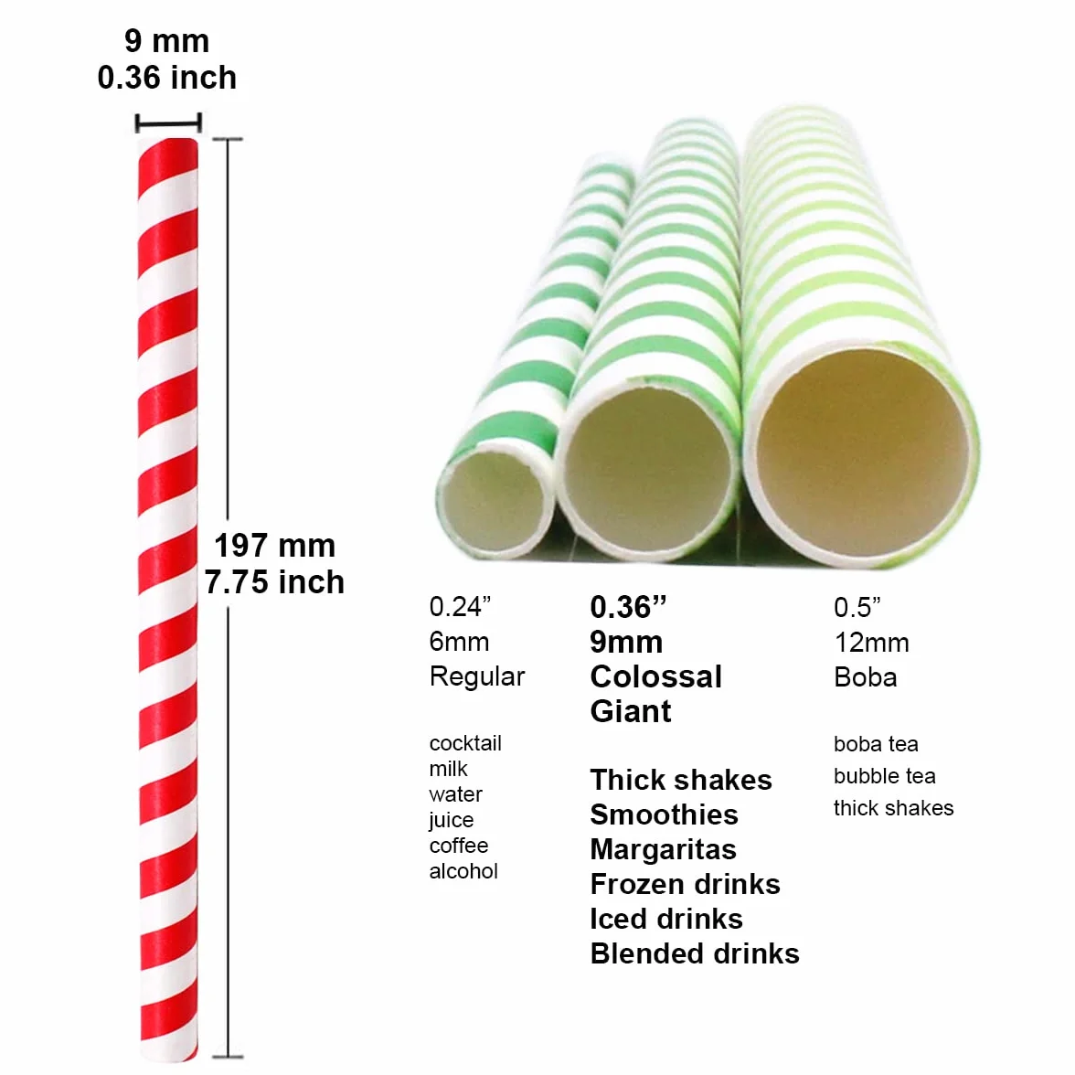 Słomki do smoothie, jednorazowych papierowe słomki o szerokości 9 mm do smoothies milkshake shakes slushy mrożony, prysznic dekoracje weselne, 66 szt