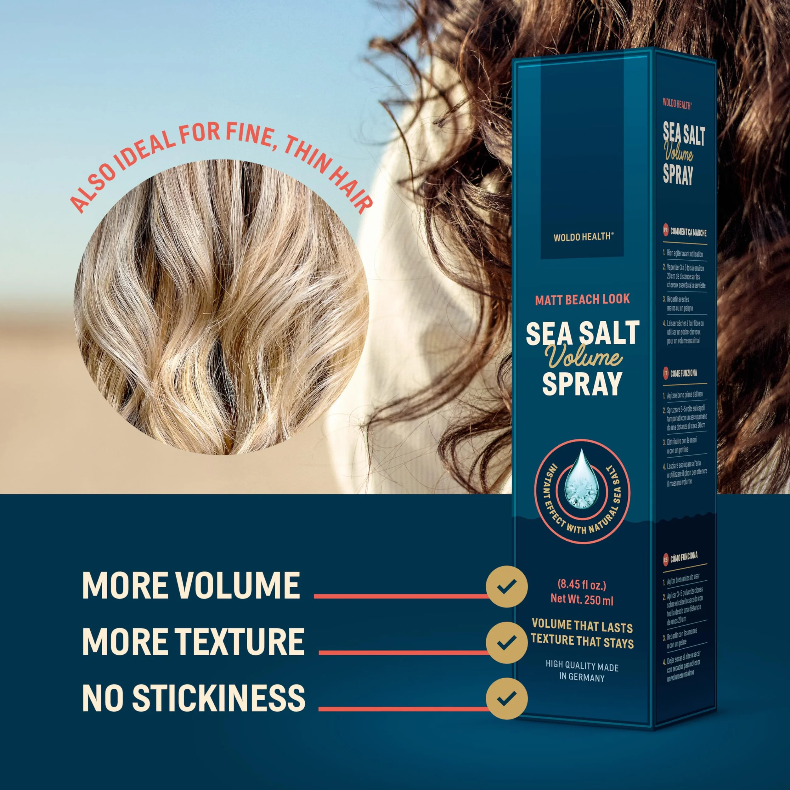 WoldoHealth Sea Salt Spray 250ml – Dla większej objętości i tekstury, matowy beach look, nie skleja, subtelny zapach unisex, do włosów cienkich, krótkich i długich