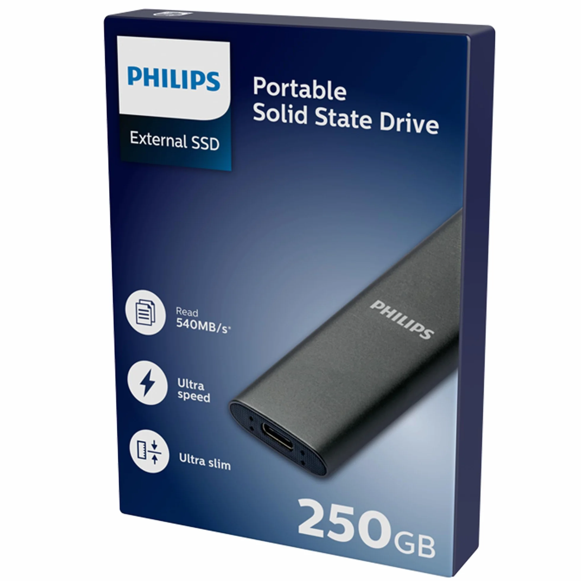 PHILIPS Przenośny zewnętrzny dysk SSD 250 GB - Ultra Slim SATA Ultra Speed USB-C - USB, Odczyt do 540 MB/s, zapis do 540 MB/s, aluminium