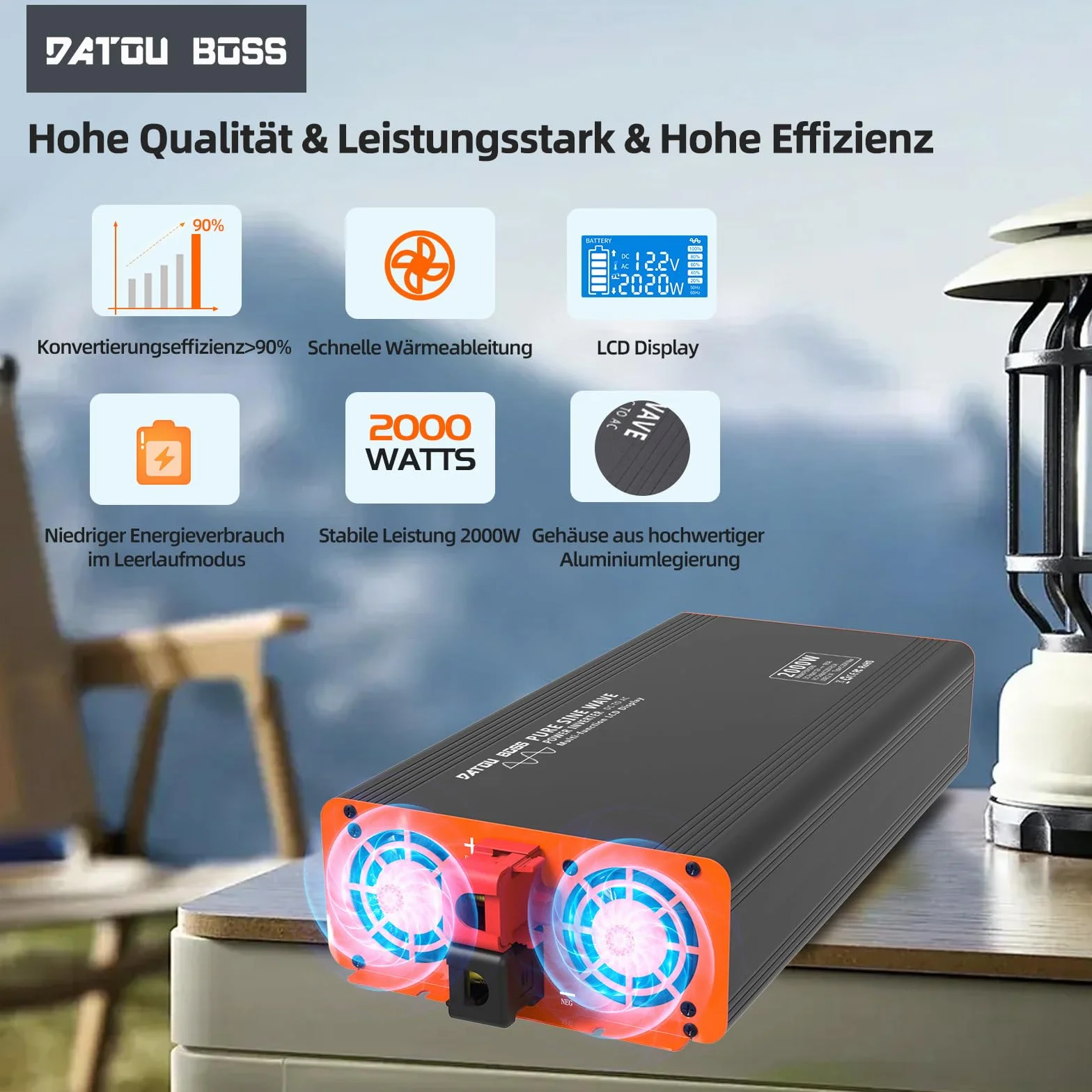 DATOUBOSS Przetwornica Samochodowa 12V 230V Czysty Sinus 2000W/4000W, Inwerter z Pilotem Zdalnego Sterowania i Wyświetlaczem LCD, 1× Gniazdo AC, 1× USB, 1× USB-C