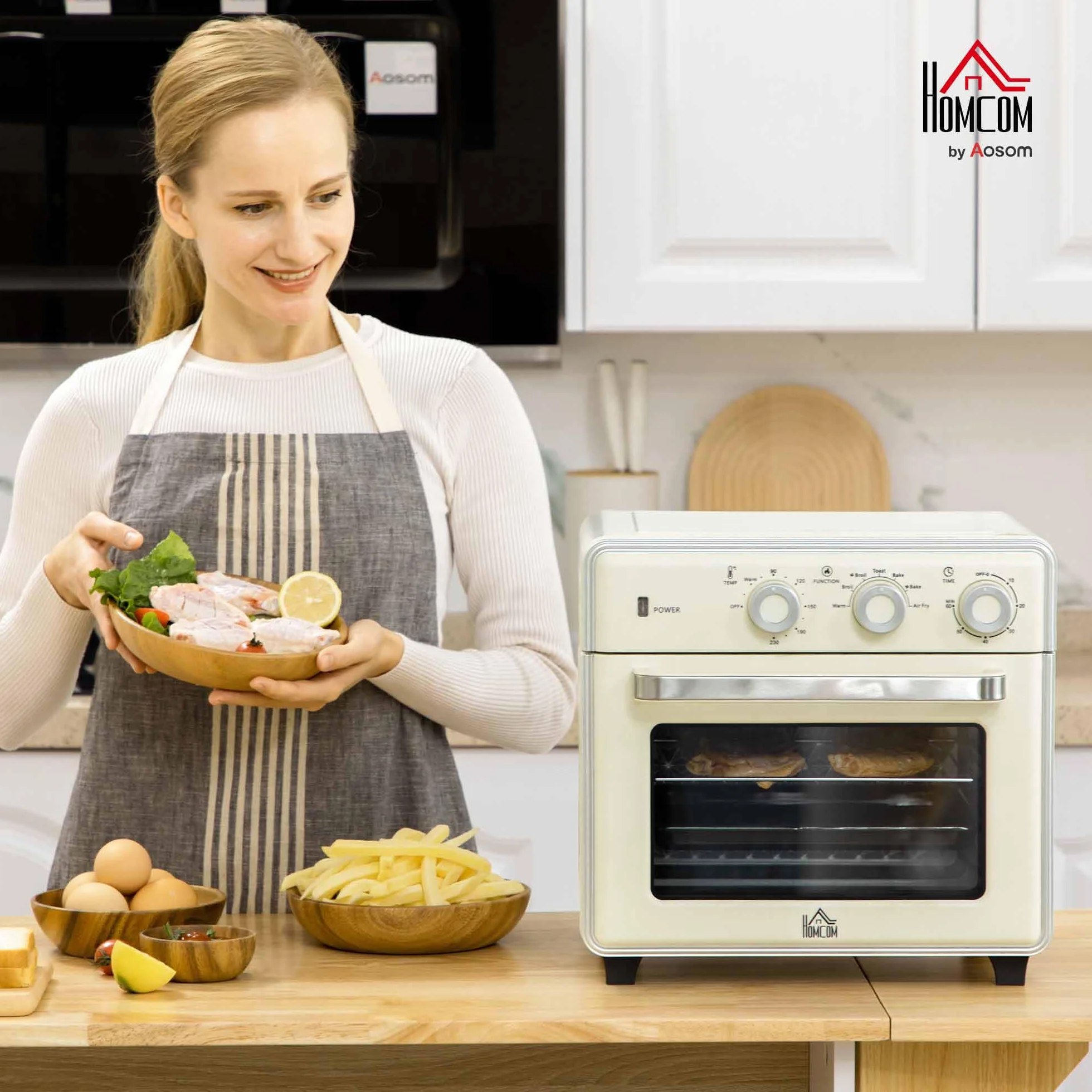 HOMCOM Mini piekarnik 20 l, 7 w 1 piec do pizzy, 1400 W, 90-230℃, termoobieg, kremowo-biały