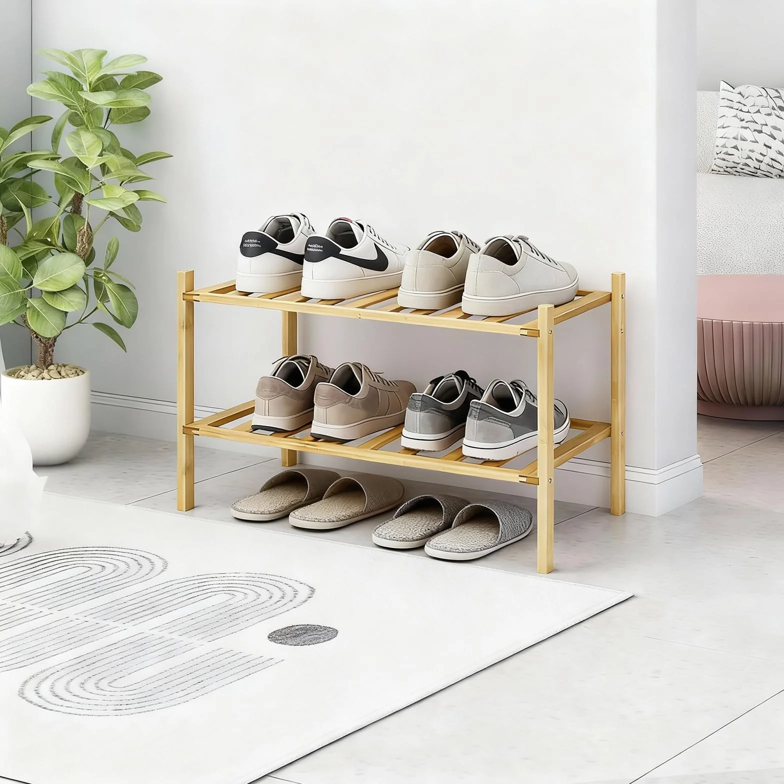 Mały stojak na buty, wielofunkcyjny 2-poziomowy stojak na buty, małe bambusowe półki na buty, rośliny, książki, salon, sypialnię na korytarz, łazienkę