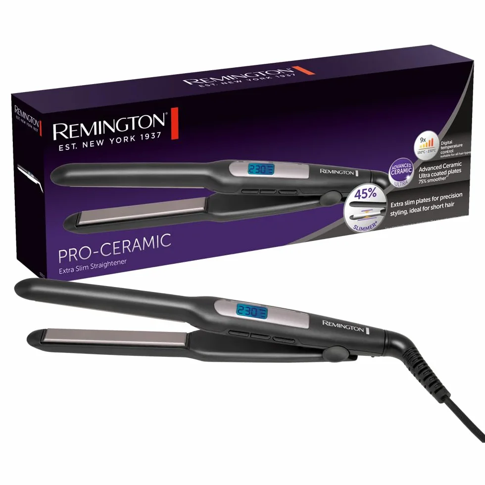 Remington Prostownica do włosów Pro-Ceramic Extra Slim do krótkich włosów, brody i fryzur typu pixie (ruchome płytki, zaawansowana powłoka ceramiczna, 9 ustawień 150-230°C, szybkie nagrzewanie) S5515