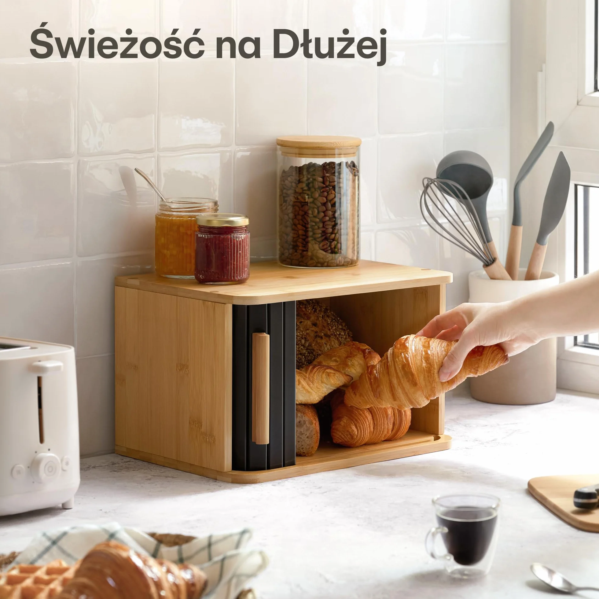 Bambusowy Pojemnik Na Chleb Fsc 33x23cm Z Przesuwanymi Drzwiczkami Czarny