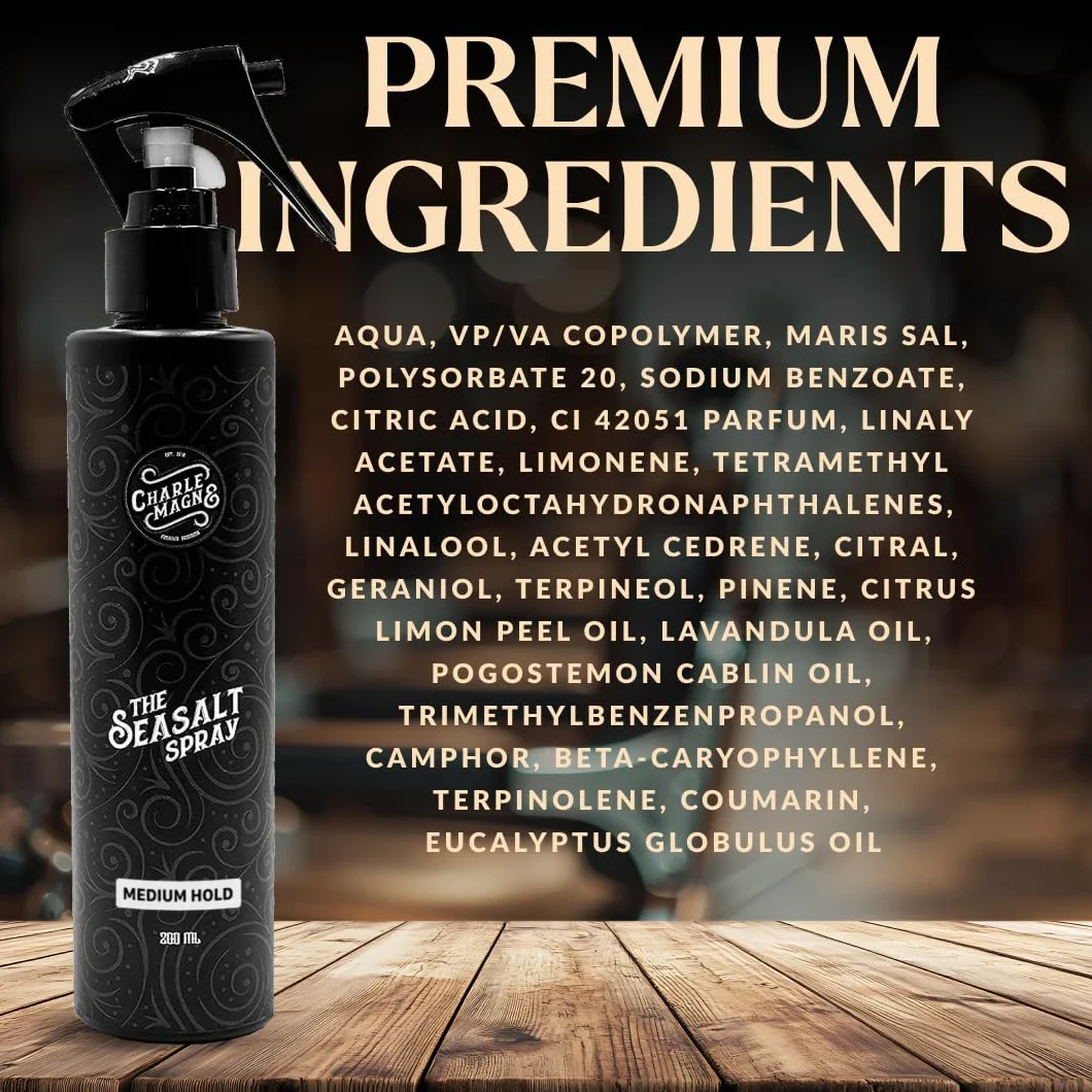 Charlemagne Spray do włosów w sprayu z solą morską dla mężczyzn, morska woda, loki z ochroną cieplną, matowe wykończenie, wyprodukowano w Niemczech, 200 ml (1 szt., średni chwyt)
