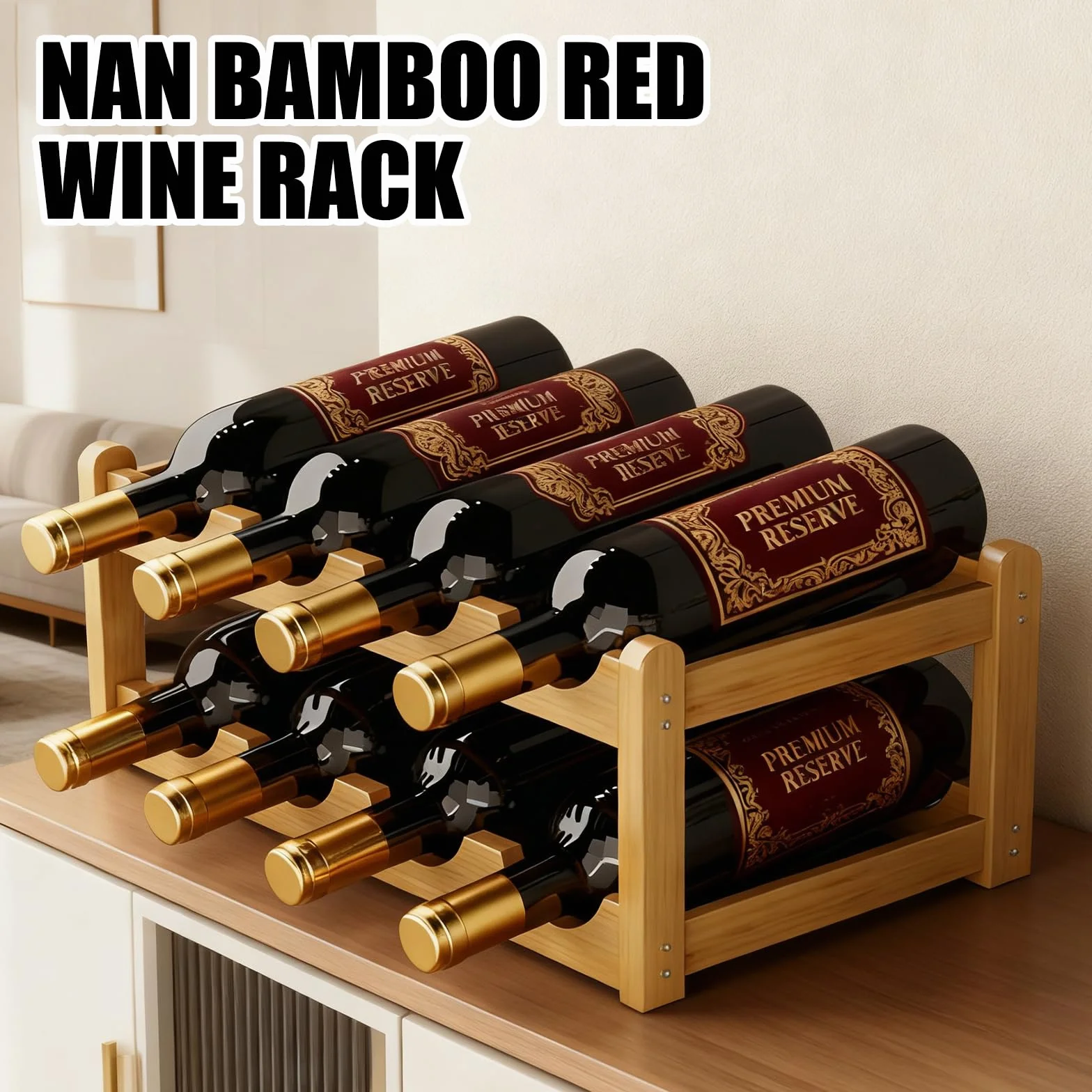 Bambusowy regał na wino na 8 butelek z naturalnym uchwytem