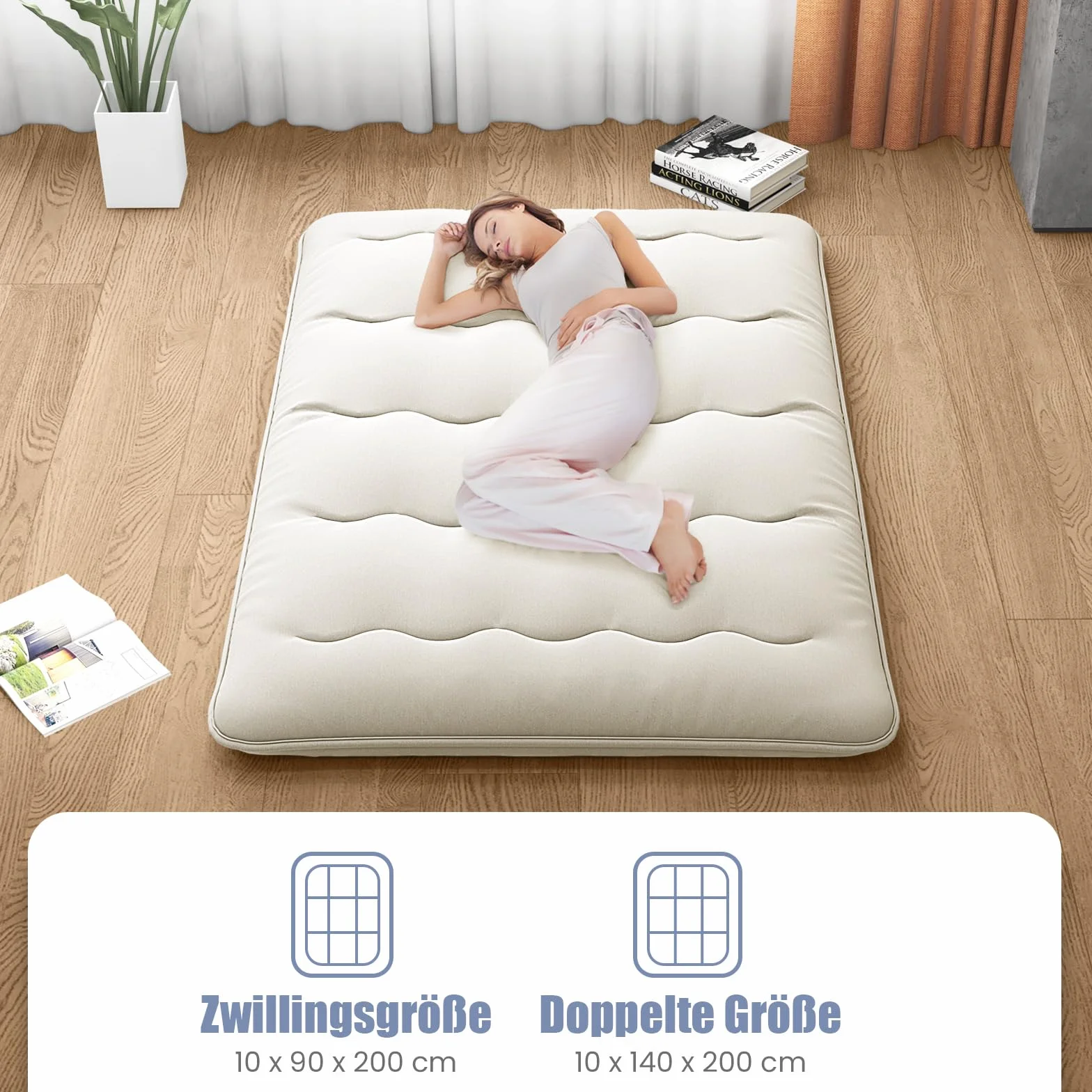 GOPLUS Materac podłogowy tatami futon z pokrowcem do prania, materac tatami z torbą do przenoszenia, materac kempingowy, wyściełany materac do sypialni, salonu i na kemping (beżowy, 200 x 140 cm)