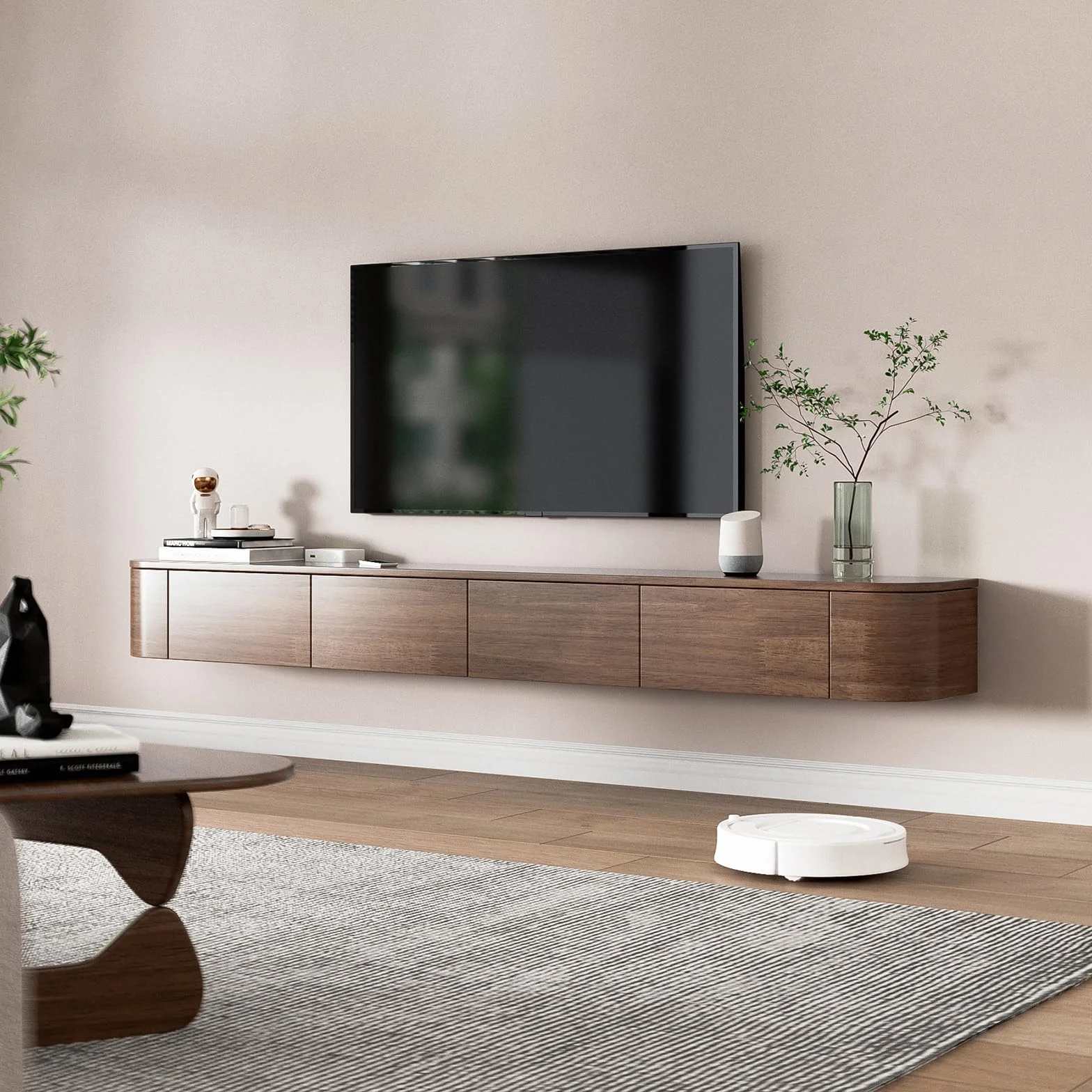 Pływająca szafka pod telewizor z otwieranymi drzwiami, brązowy + LED, 200 cm