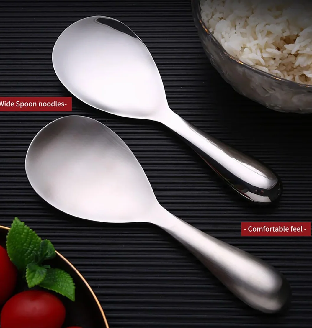 Stylowa i minimalistyczna łyżka do ryżu, uchwyt zapobiegający spalaniu, naczynia kuchenne ze stali nierdzewnej, gładka i nieprzywierająca powierzchnia, mocna i trwała, nadaje się do mycia w zmywarce