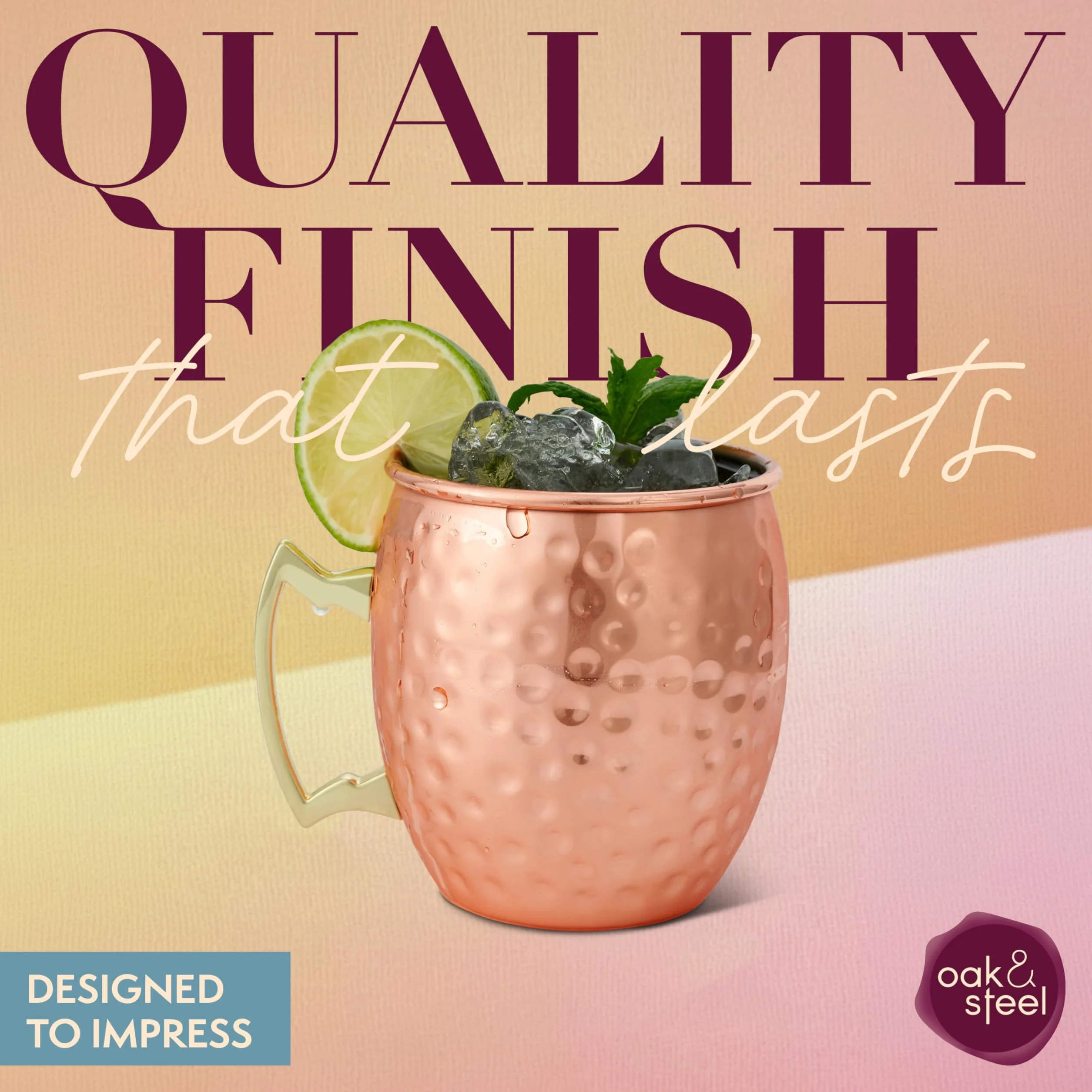 Oak & Steel - 9 Sztuk Moscow Mule Set - 4 Miedziane Kubki, 4 Metalowe Słomki i Pędzel - Solidne i Nietłukące - Koktajle i Zimne Napoje - Zestaw Upominkowy
