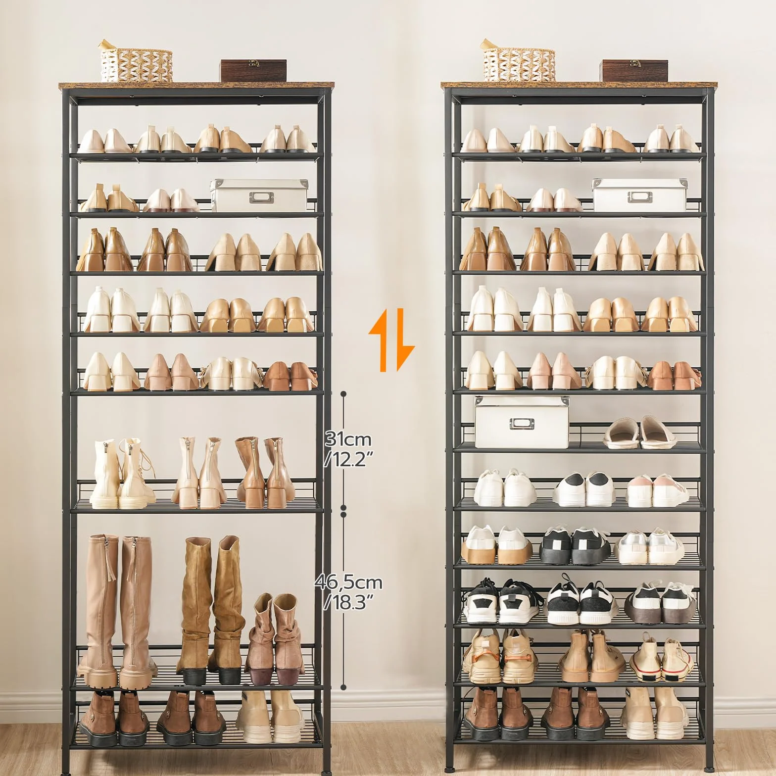HOOBRO Stojak na buty wysoki, organizer do przechowywania butów o dużej pojemności, 12-poziomowy stojak na buty na 44-55 par butów, 75 x 28,5 x 194,5 cm, regulowane metalowe półki, regał do