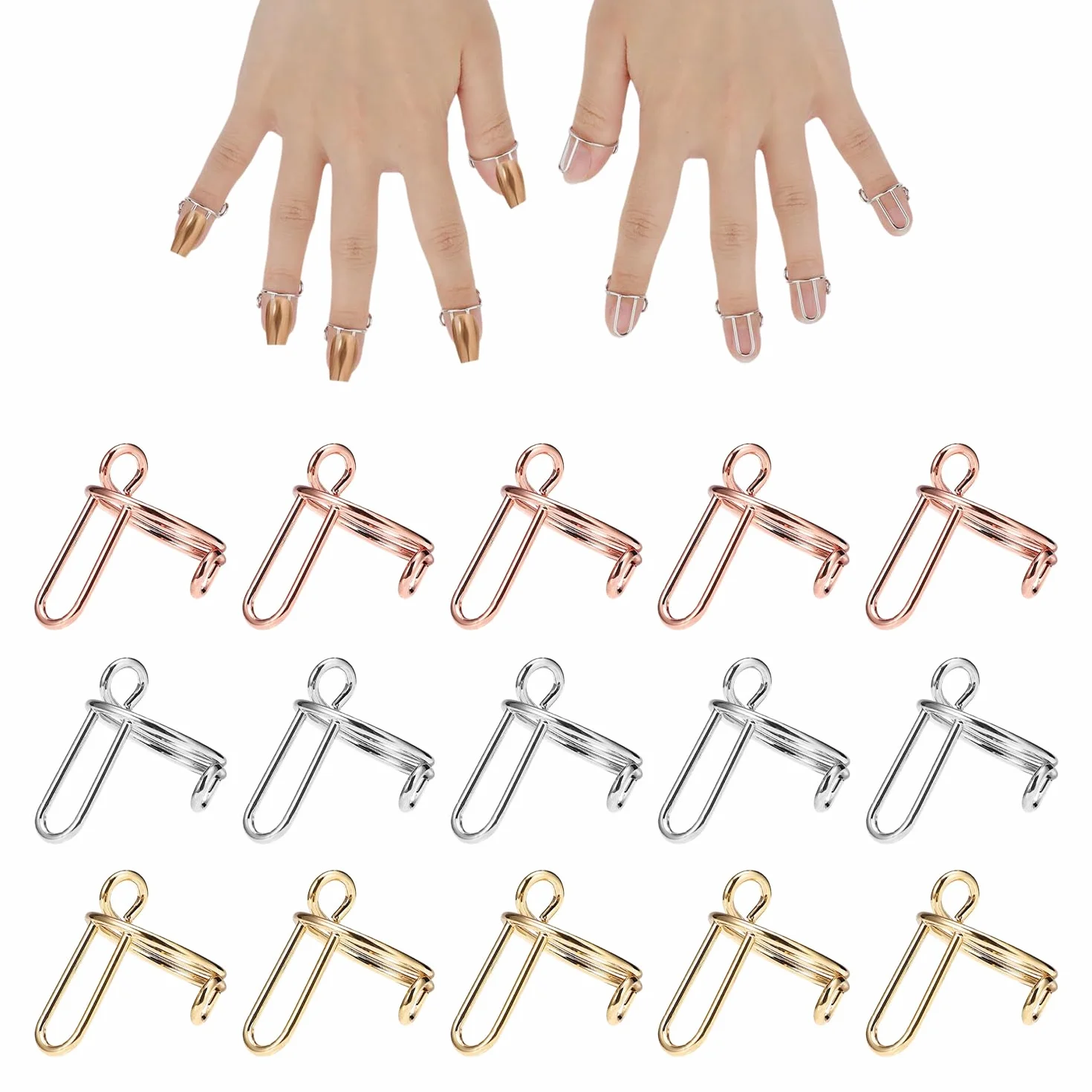 15-częściowy zestaw metalowych pierścionków do paznokci, regulowane paski do paznokci, sztuczne pierścienie do paznokci, wielokrotnego użytku do manicure